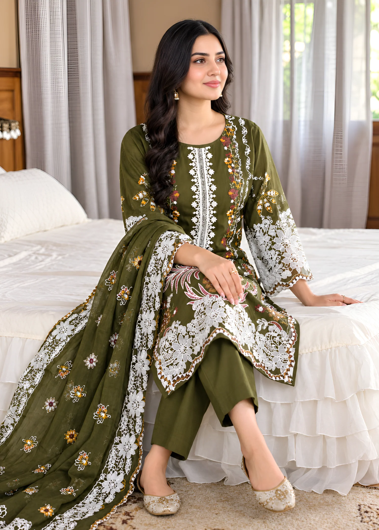 cotton linen Kurta Set in Olive green - view 4