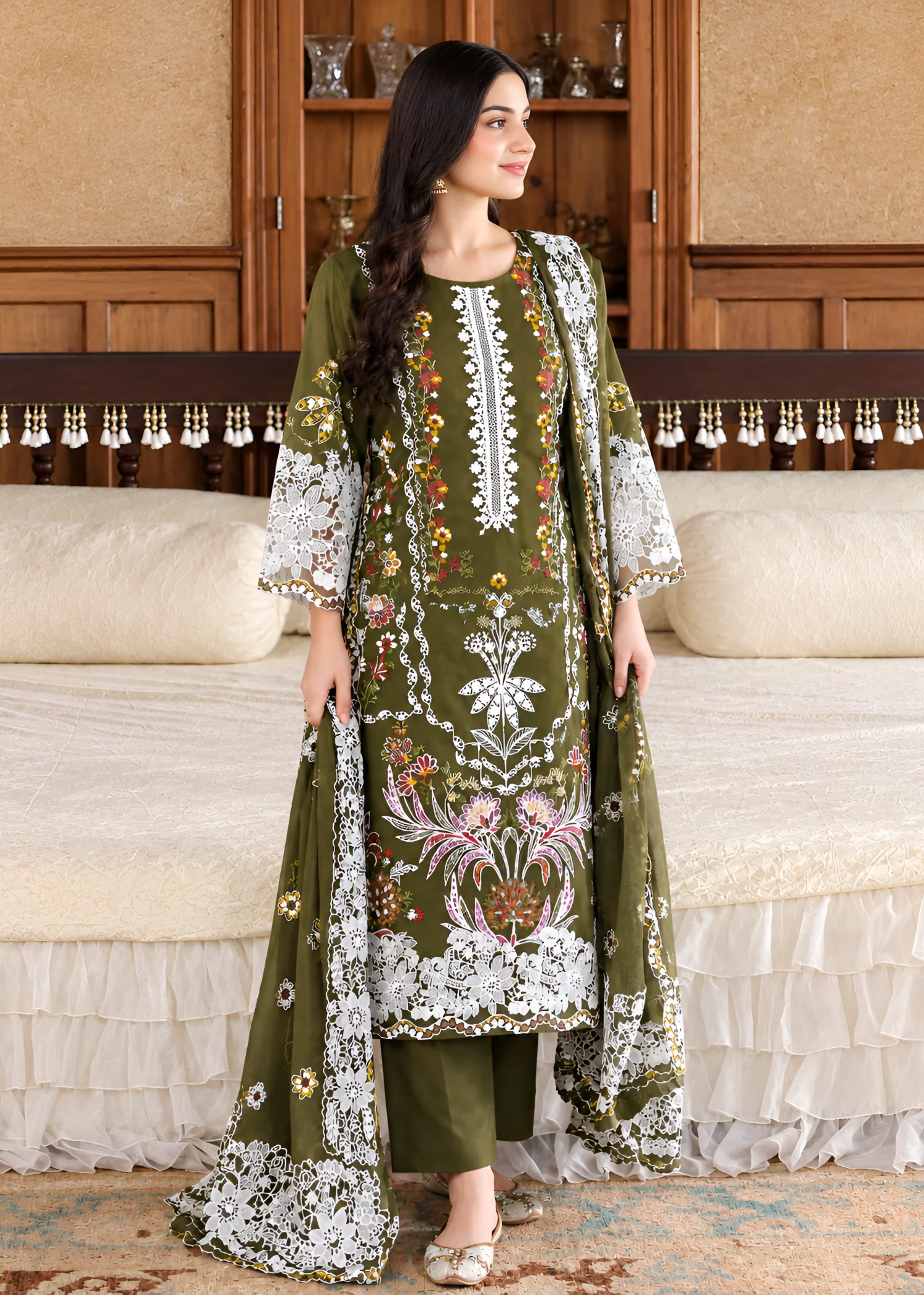 cotton linen Kurta Set in Olive green