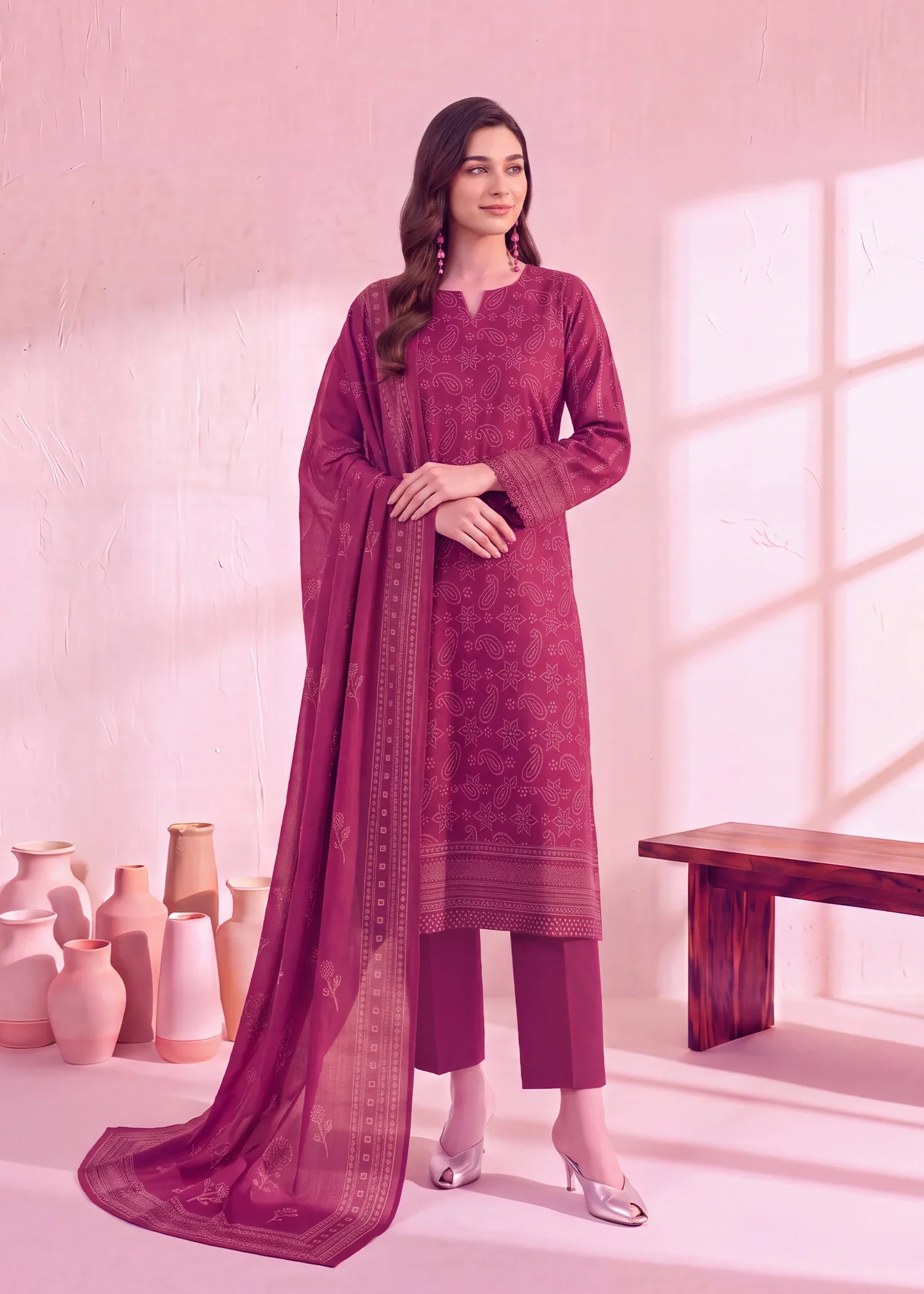 dhanak Unstitched in Hot pink