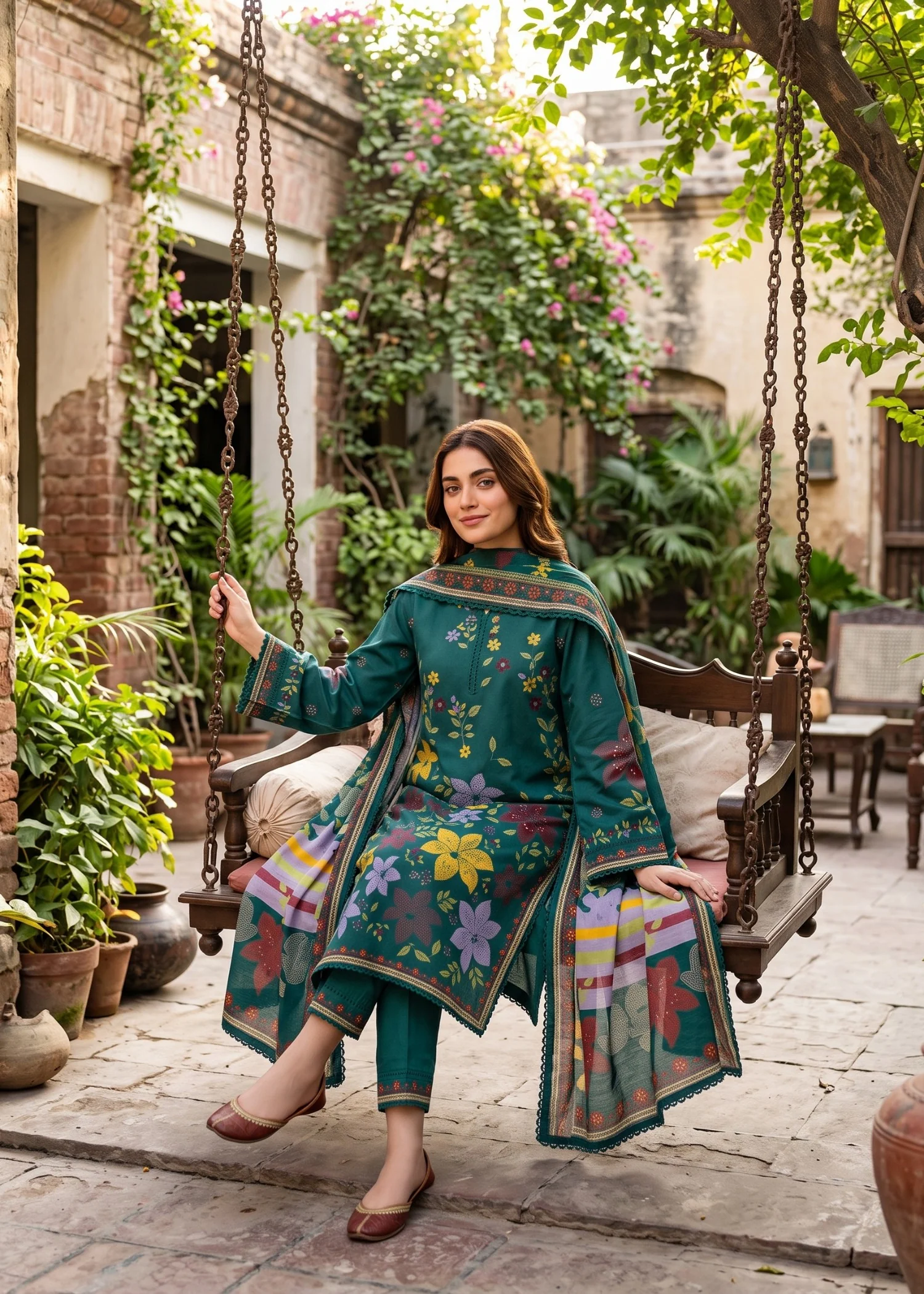 lawn cotton Kurta Set in Pine green - view 2