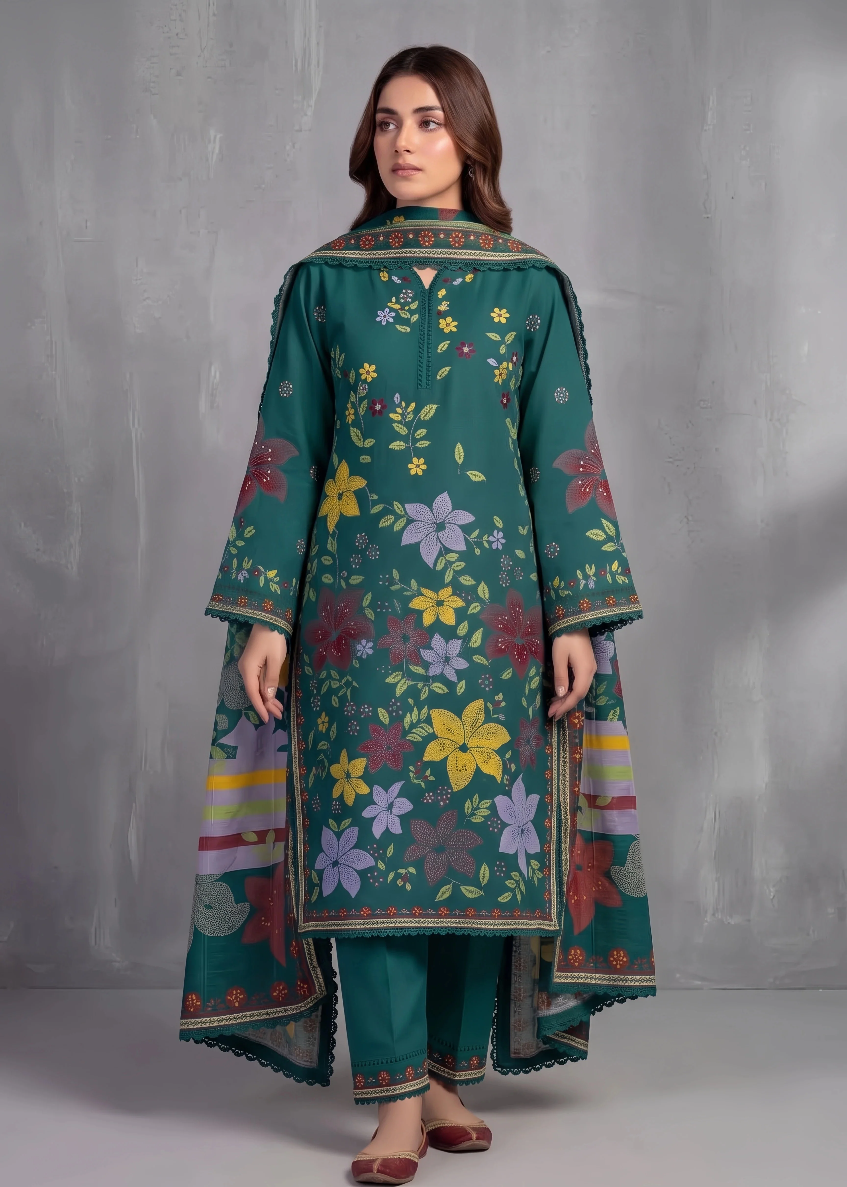 lawn cotton Kurta Set in Pine green