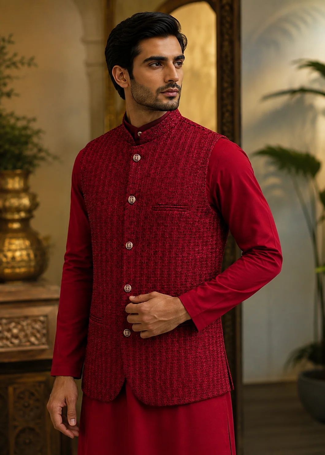 raw silk Waistcoat in Crimson - view 5