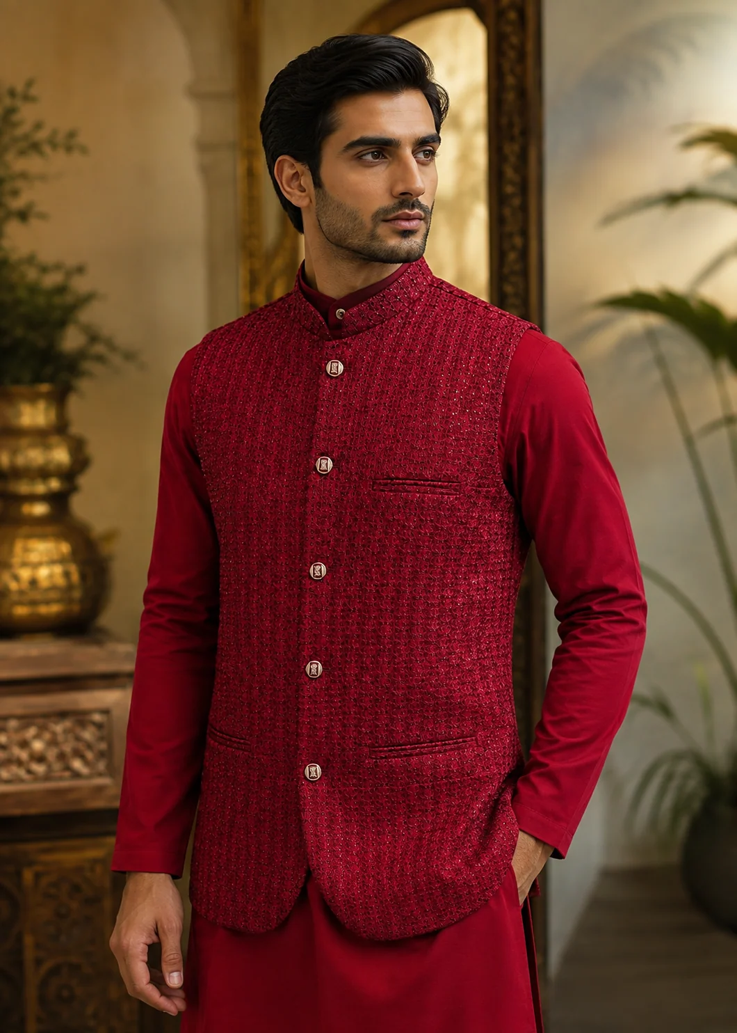 raw silk Waistcoat in Crimson - view 2