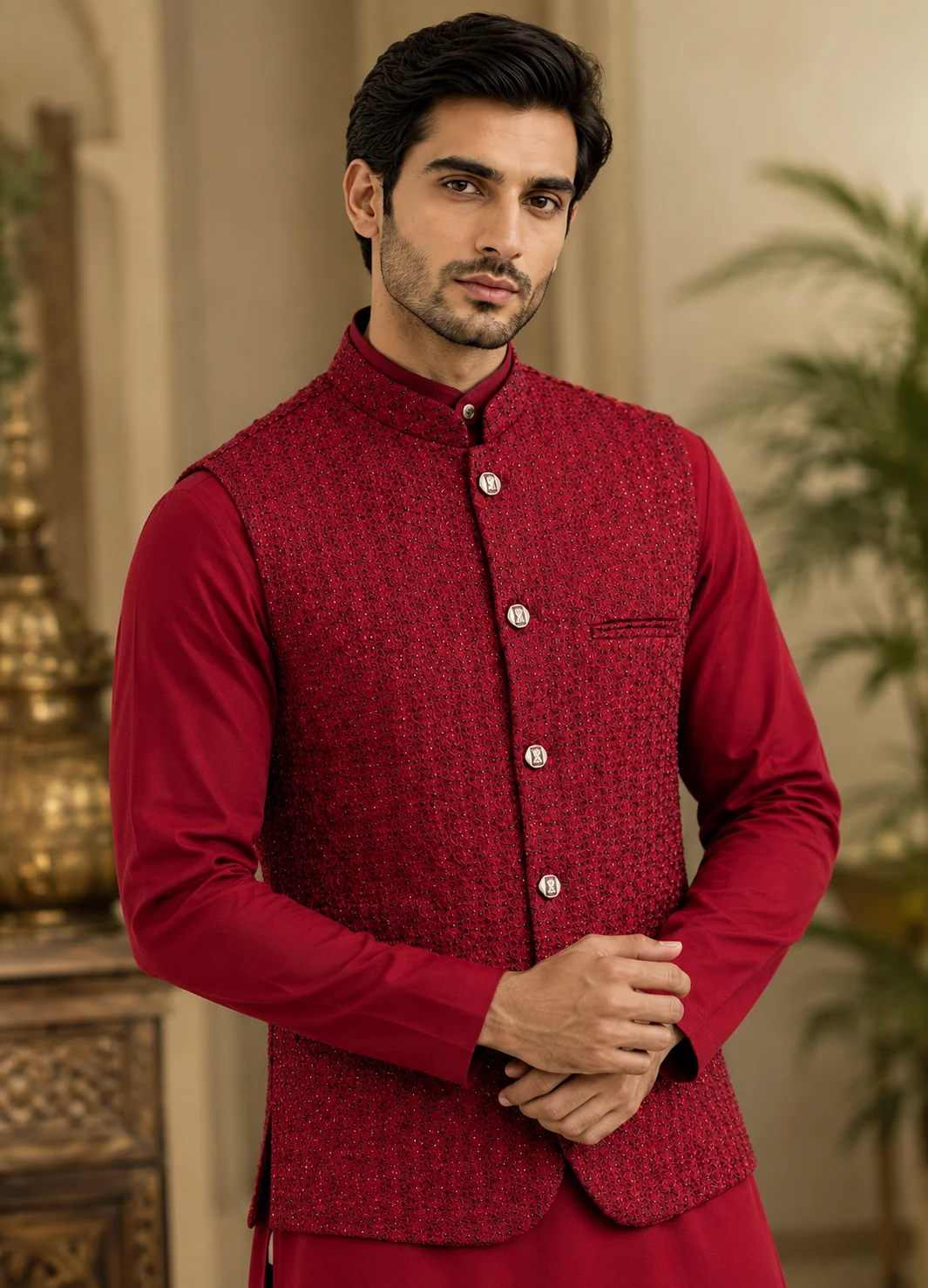 raw silk Waistcoat in Crimson - view 4