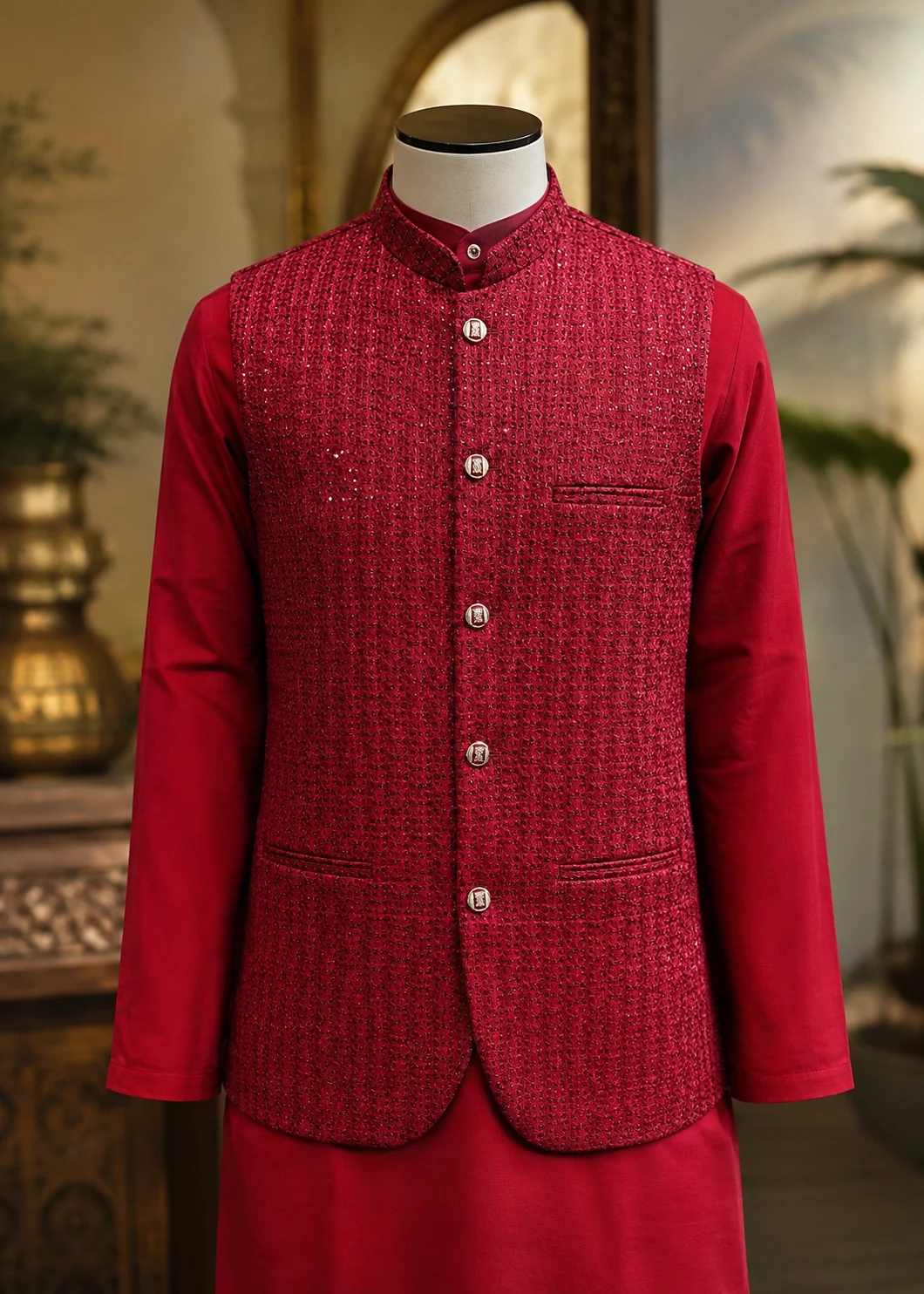 raw silk Waistcoat in Crimson