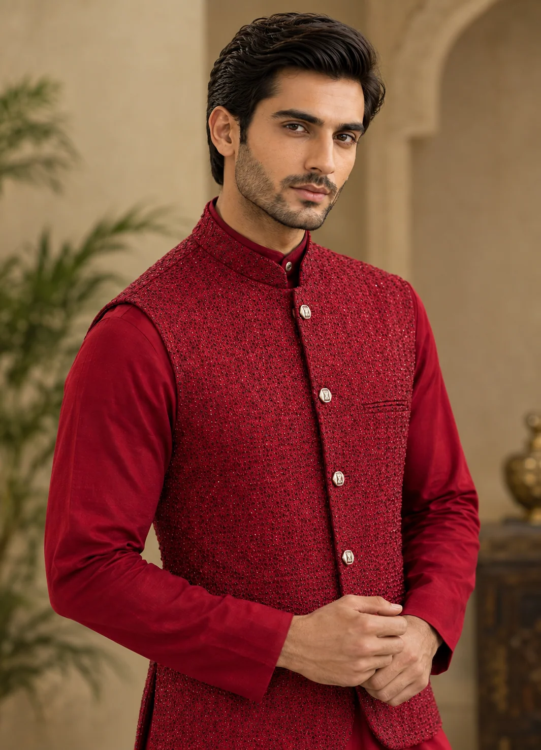 raw silk Waistcoat in Crimson - view 3