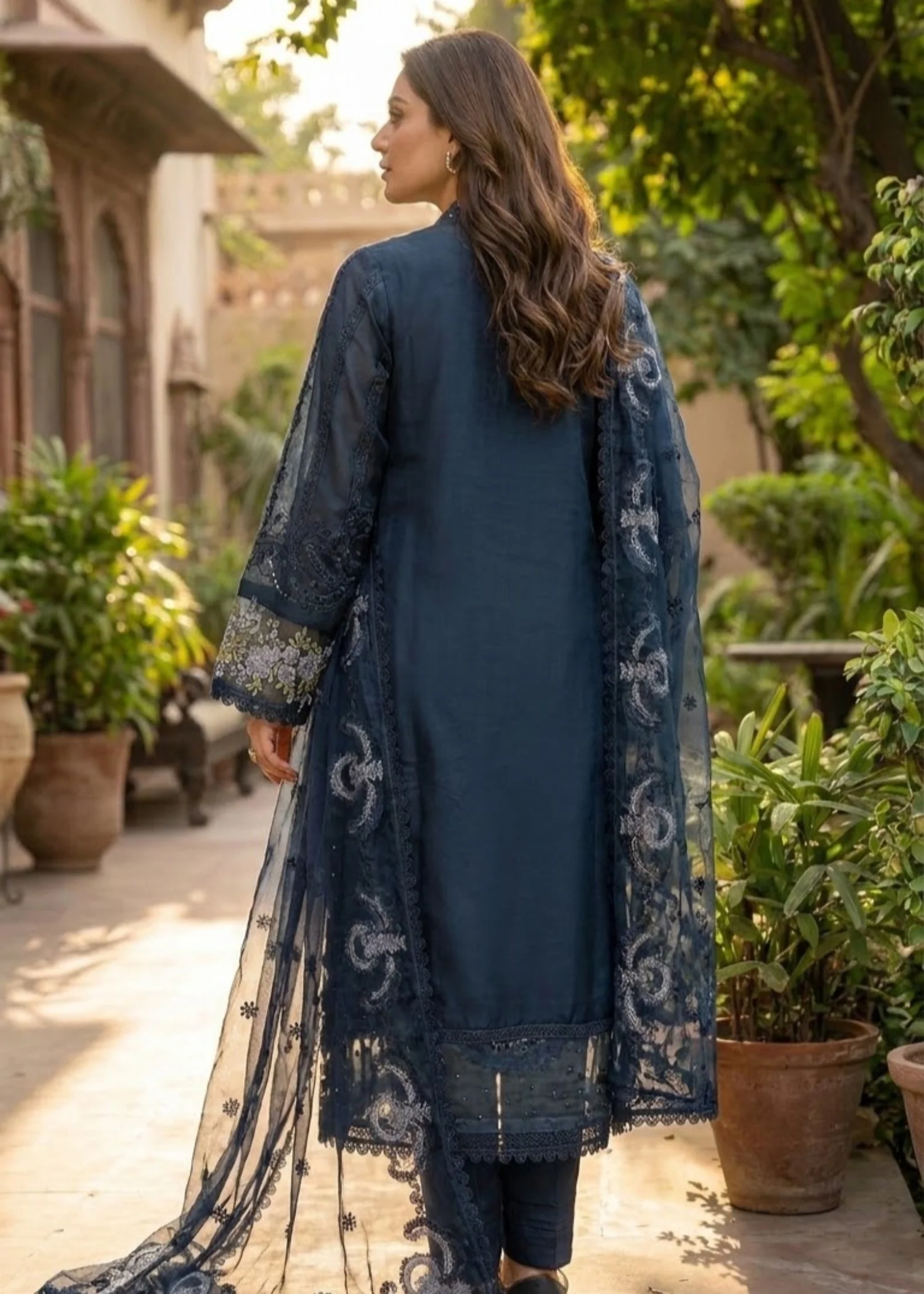 organza Kurta Set in Dark blue - view 6
