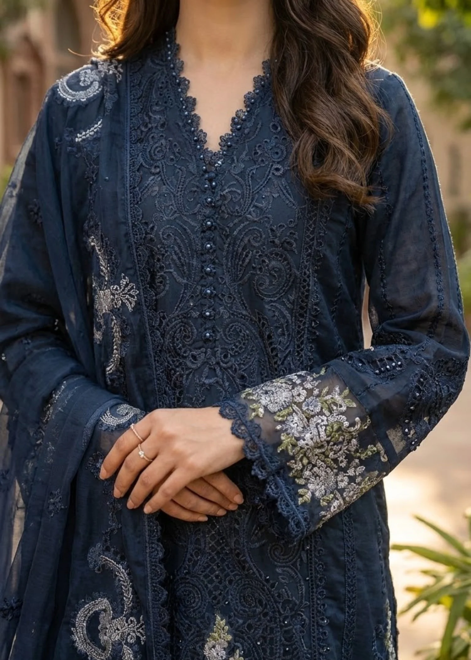 organza Kurta Set in Dark blue - view 3