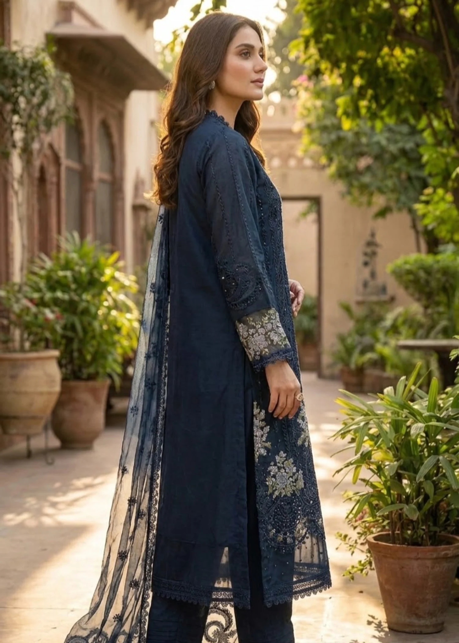 organza Kurta Set in Dark blue - view 2