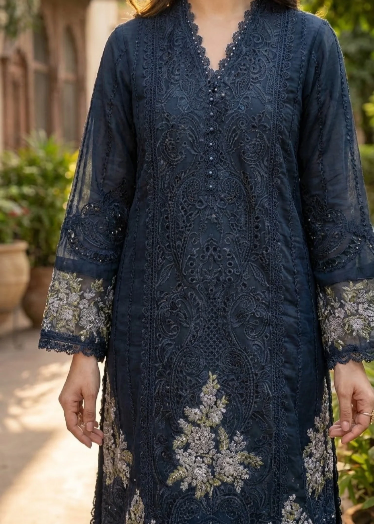 organza Kurta Set in Dark blue - view 7