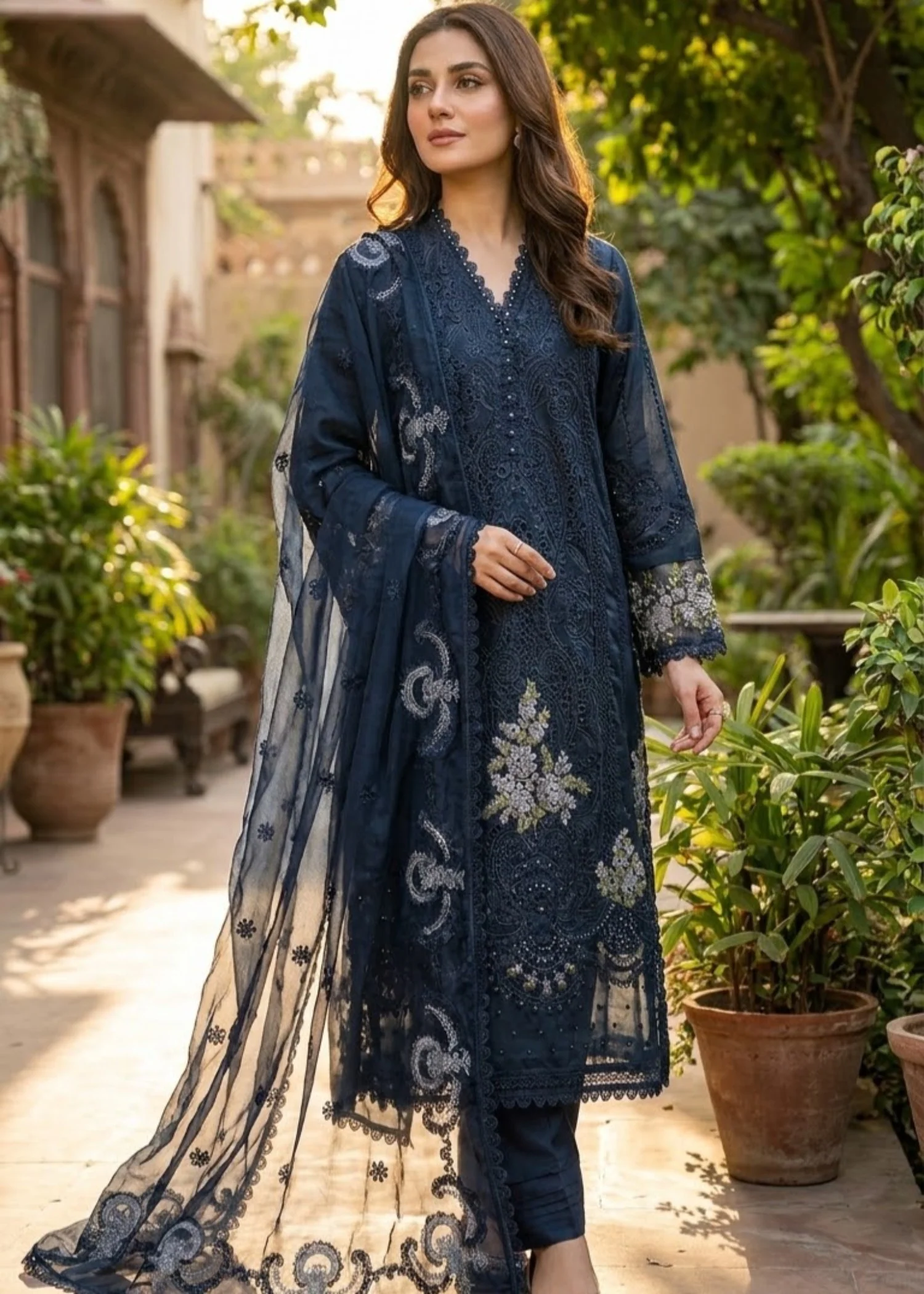 organza Kurta Set in Dark blue