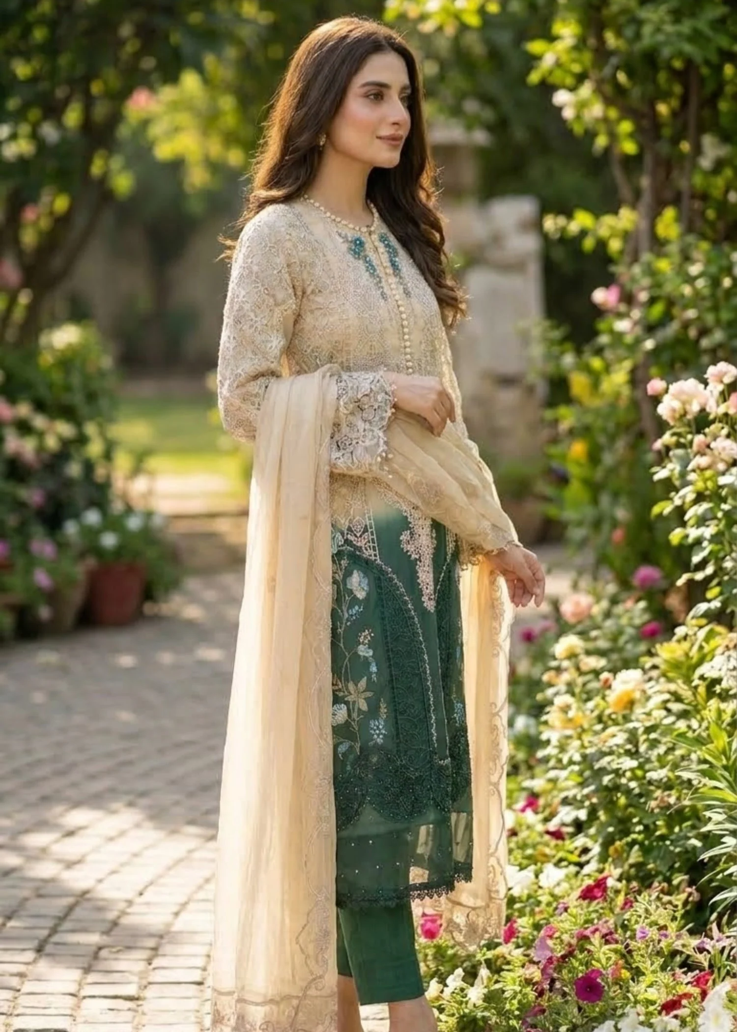 organza Kurta Set in Bottle green, linen - view 7