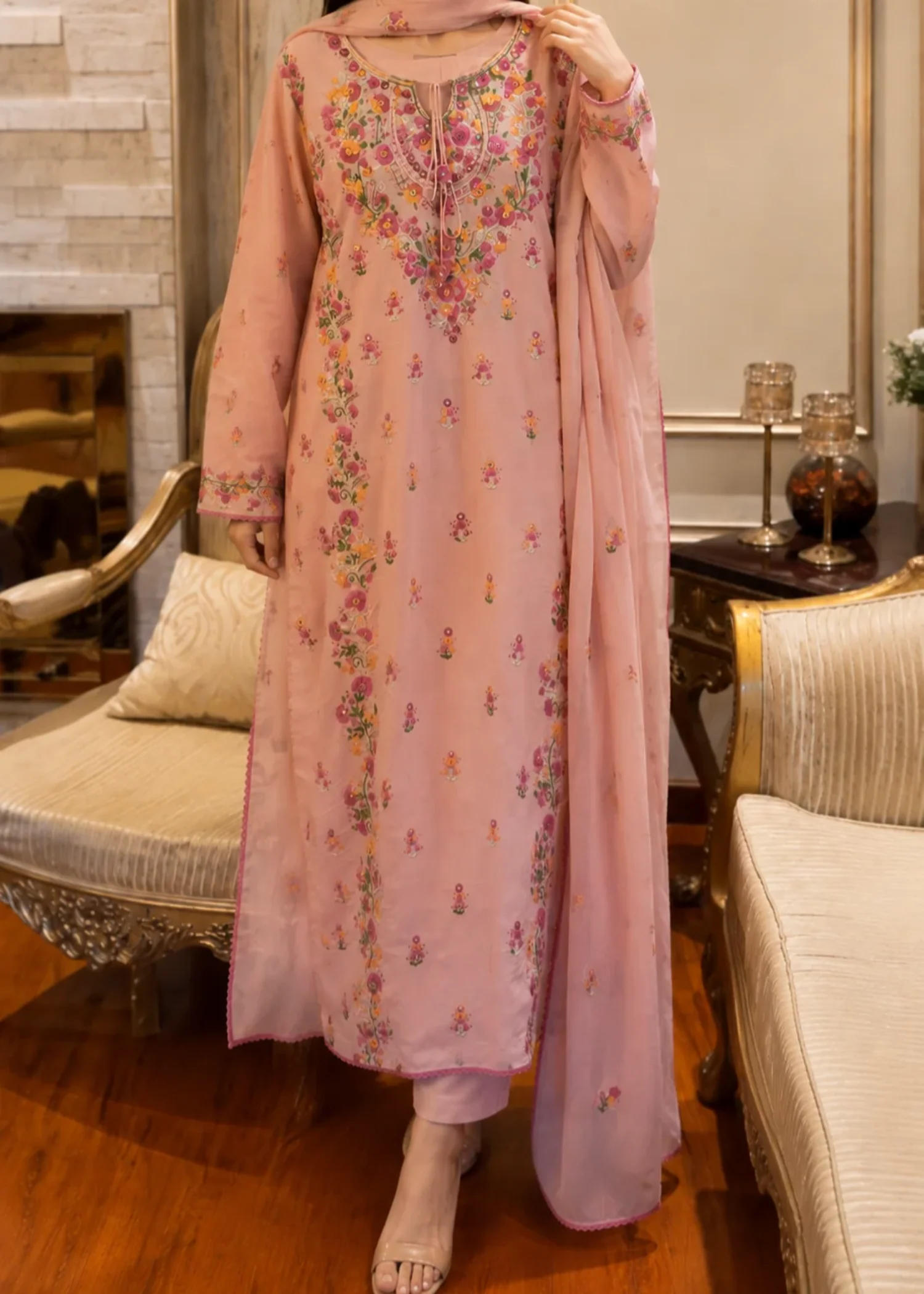 dhanak Kurta Set in Melon pink - view 2