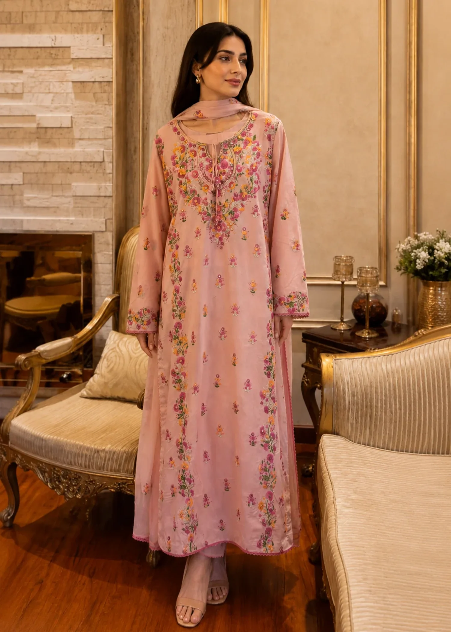 dhanak Kurta Set in Melon pink