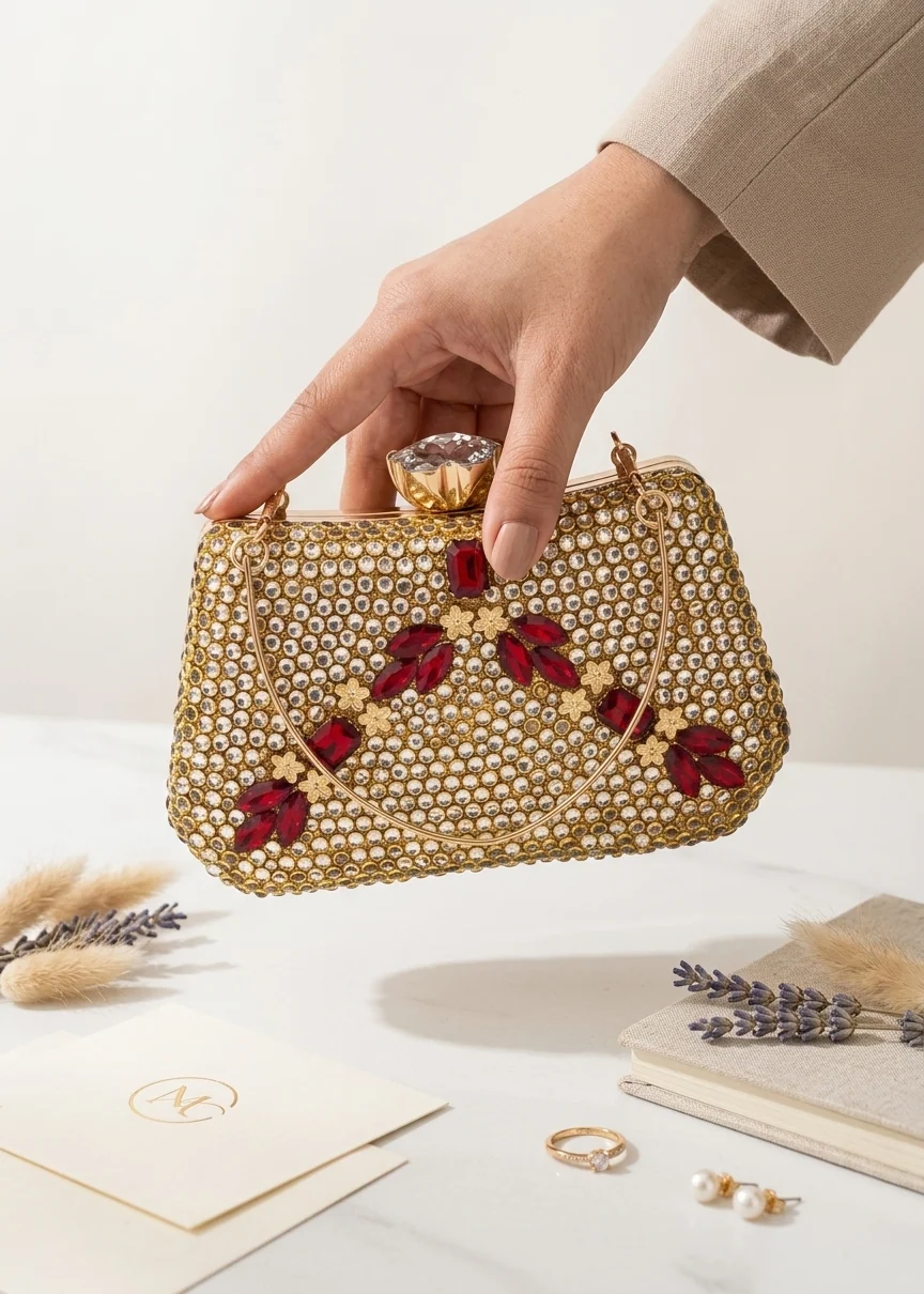 Clutch in Gold, red Color by - Trendy Women Clutch LSY9258