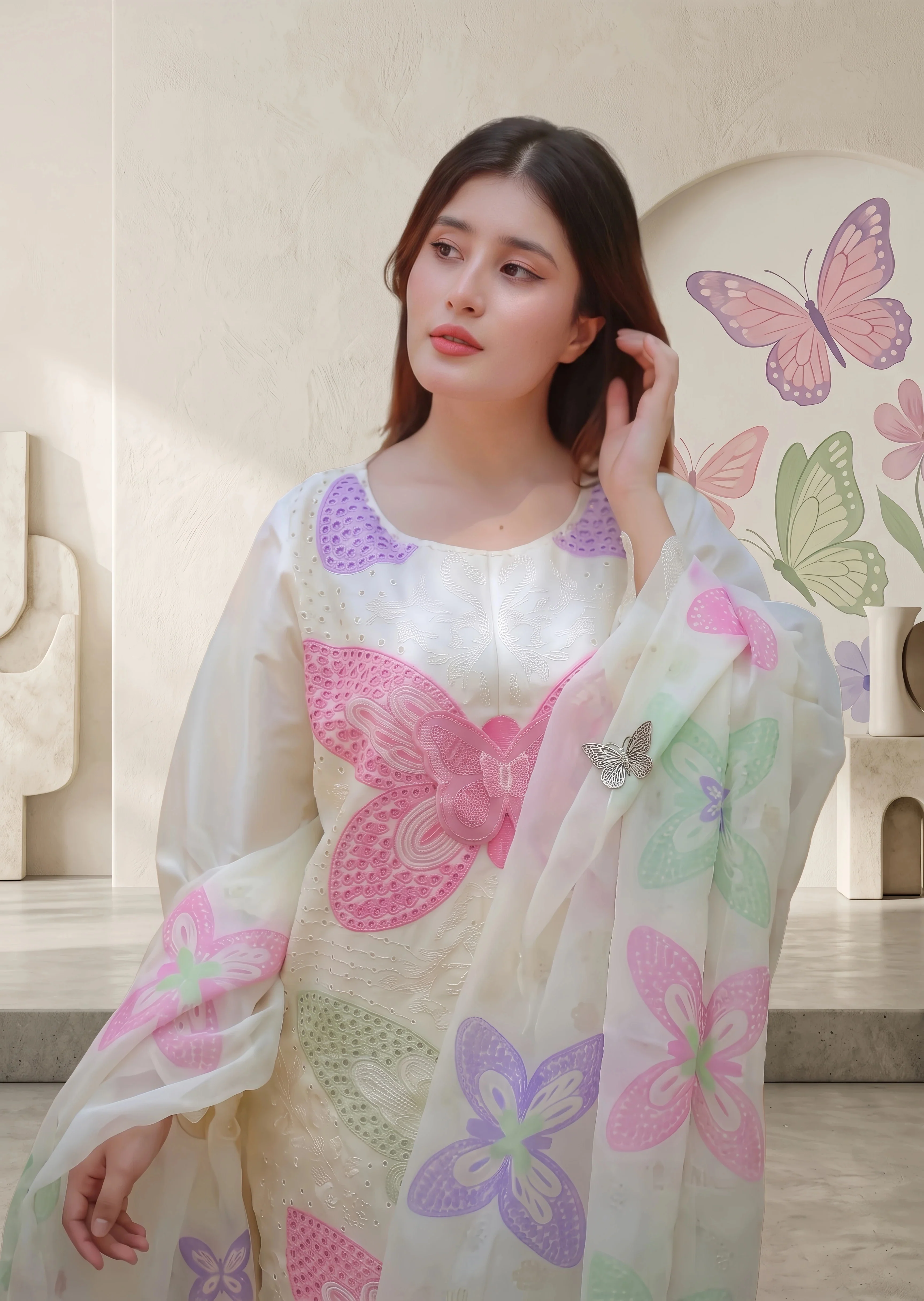 linen Kurta Set in Cream - view 2