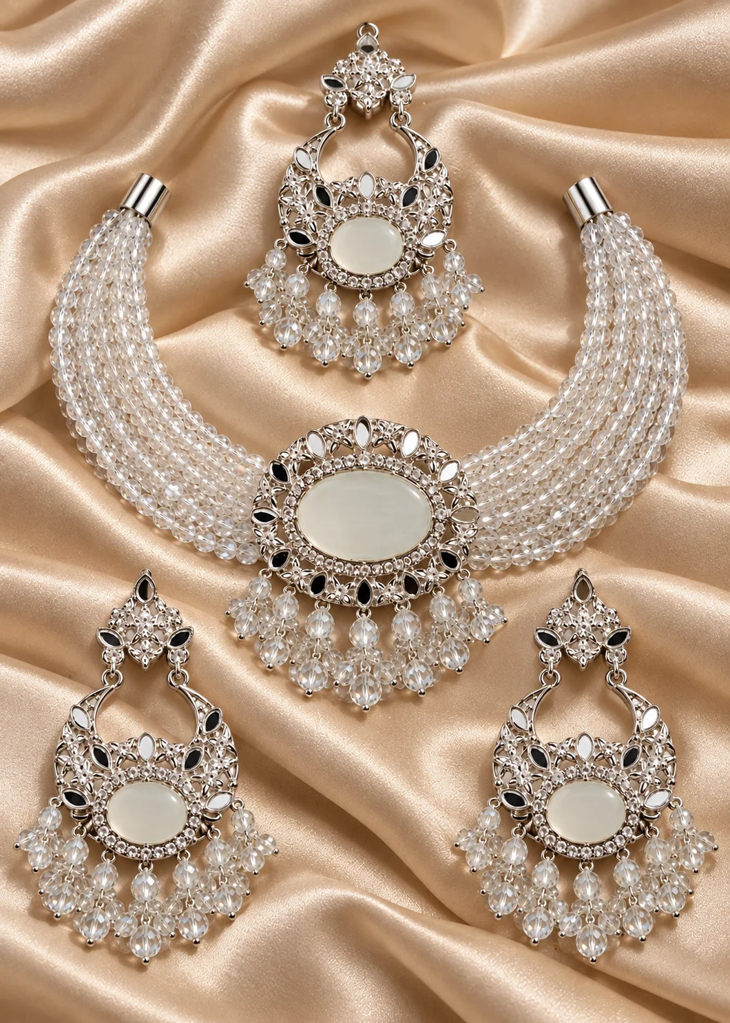 Jewelry Set in Silver, floral white Color by - Trendy Women Jewelry Set OPD1268 - view 3