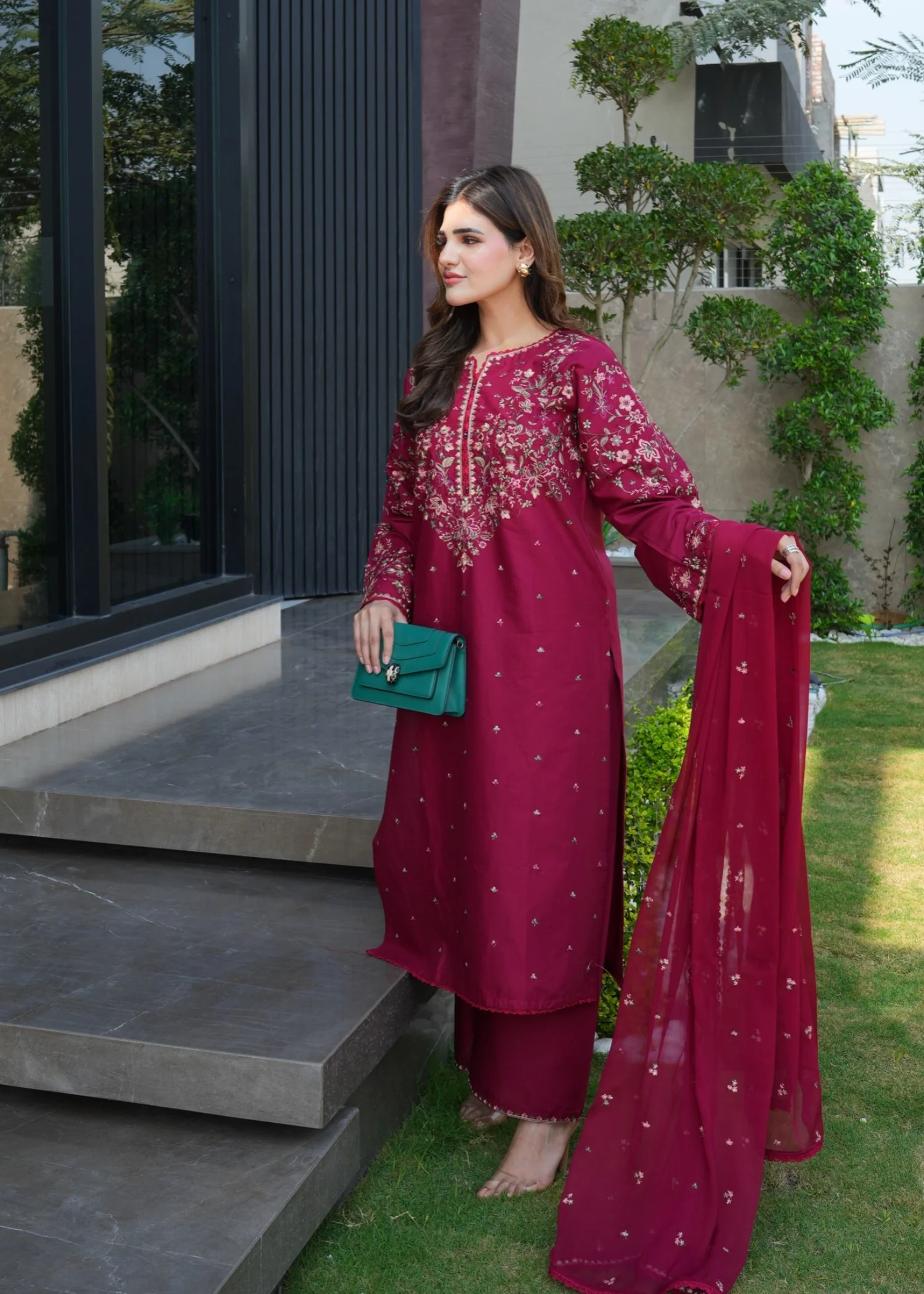 lawn Kurta Set in Maroon - view 7