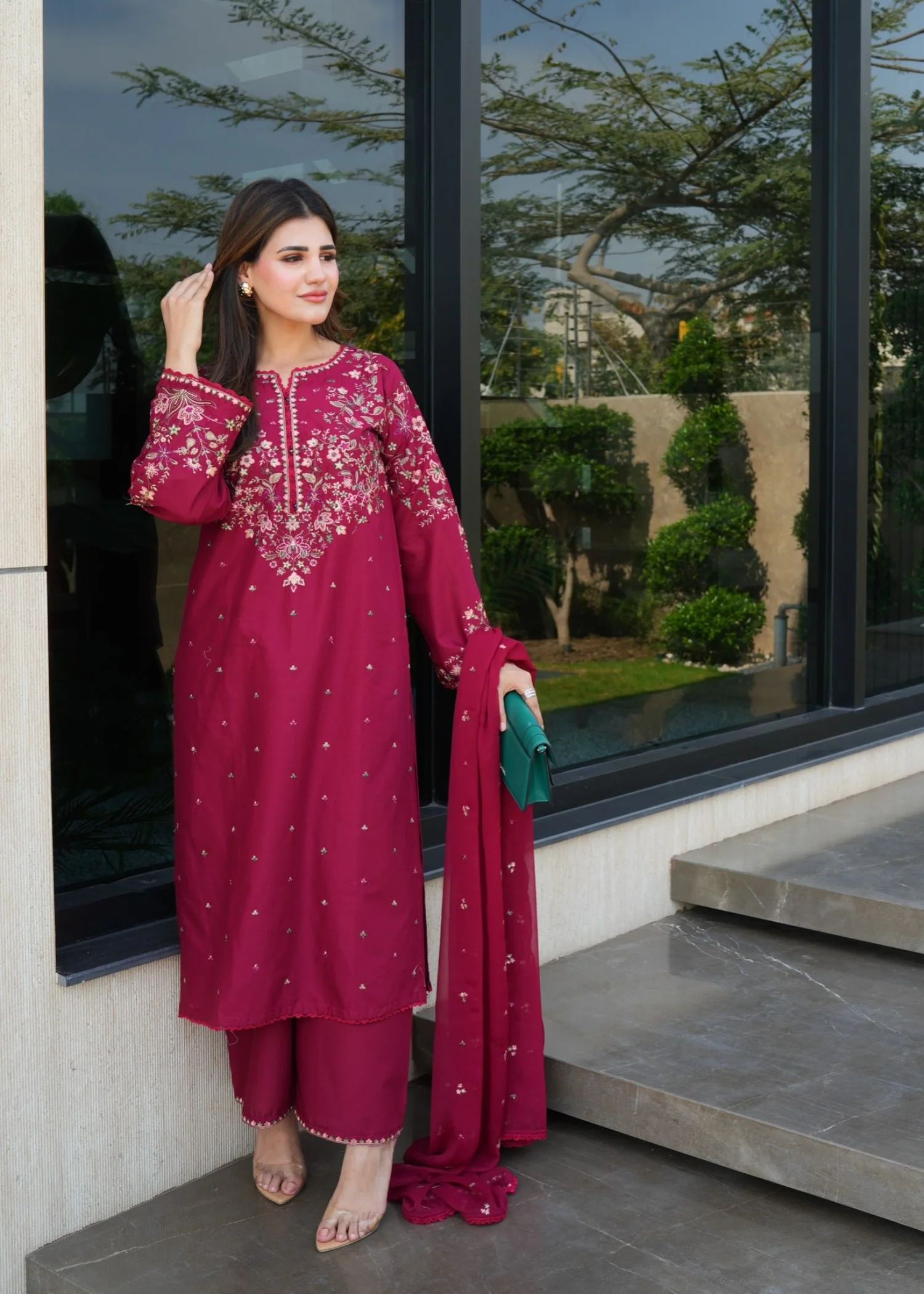 lawn Kurta Set in Maroon