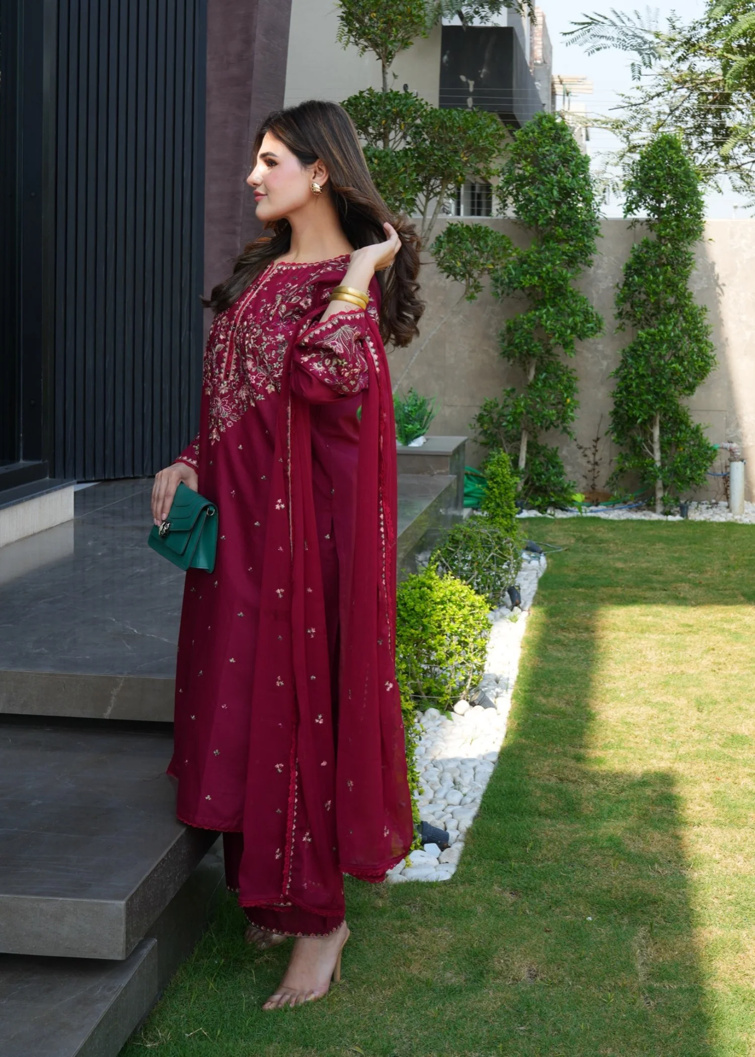 lawn Kurta Set in Maroon - view 6