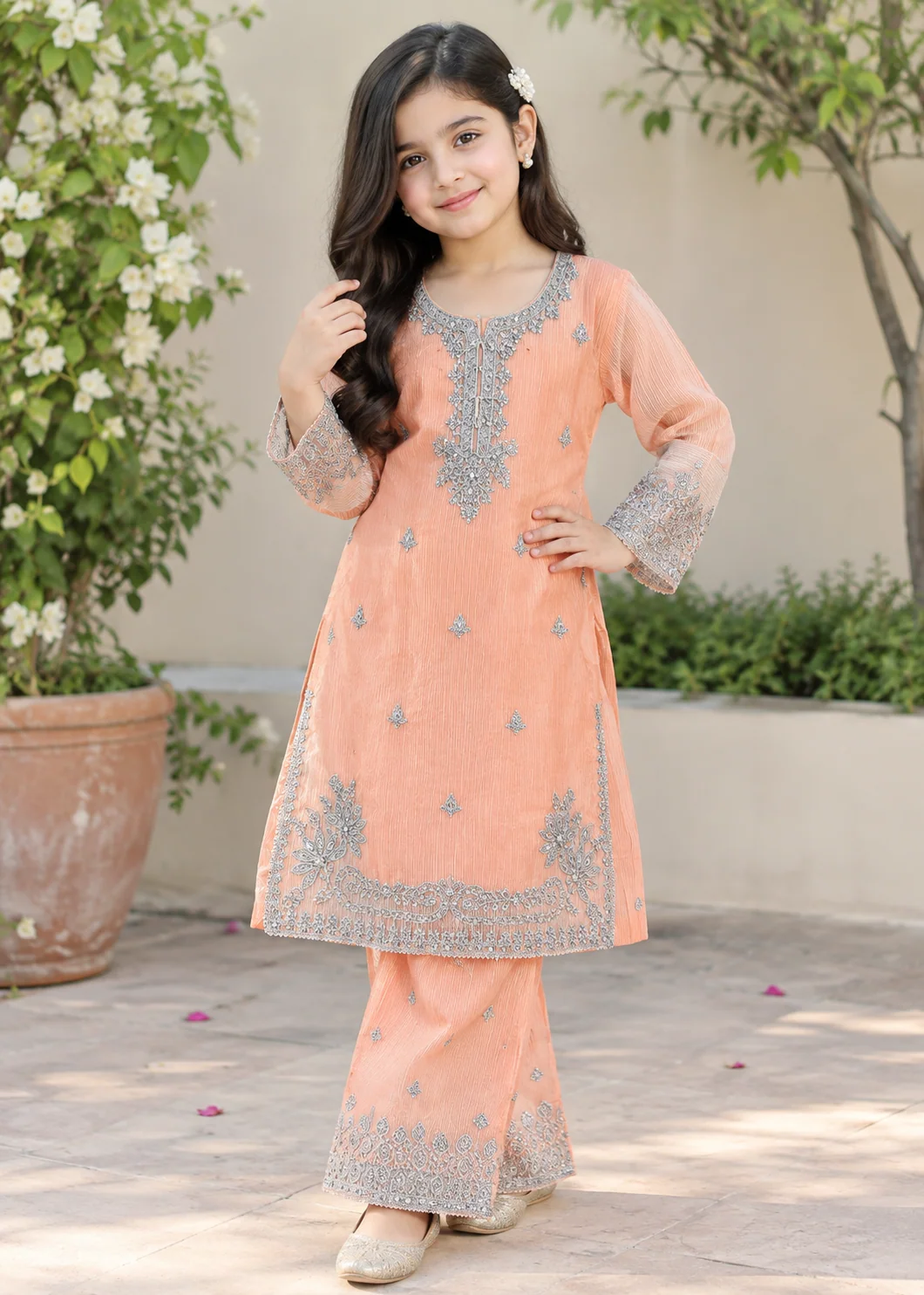 organza Kurta Set in Peach orange