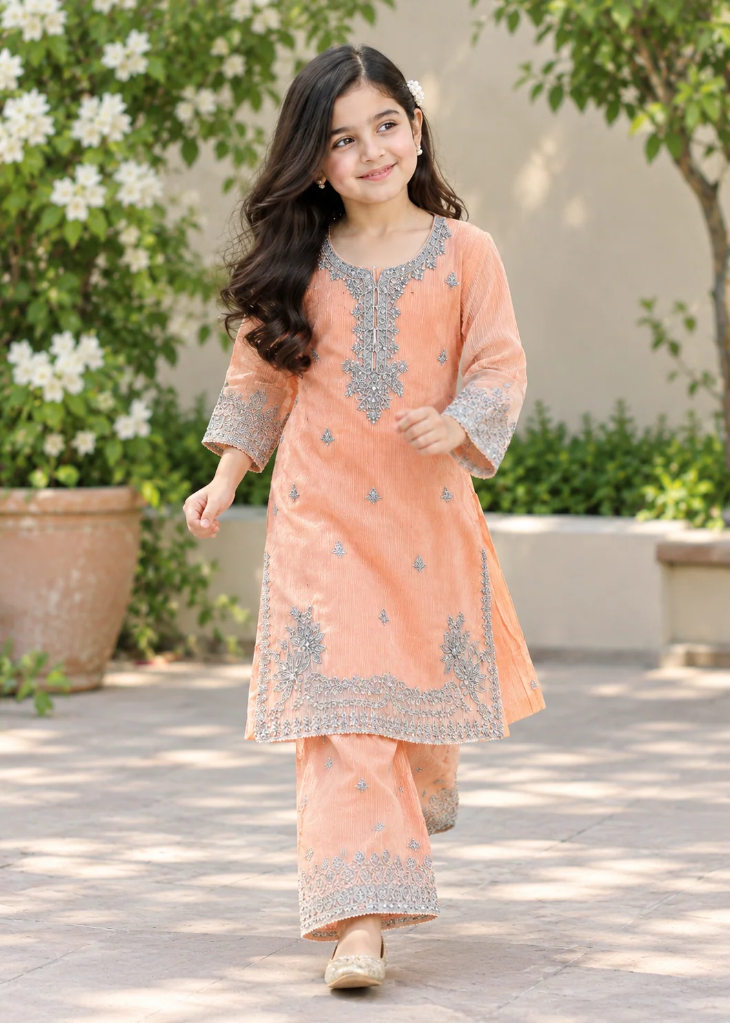 organza Kurta Set in Peach orange - view 2