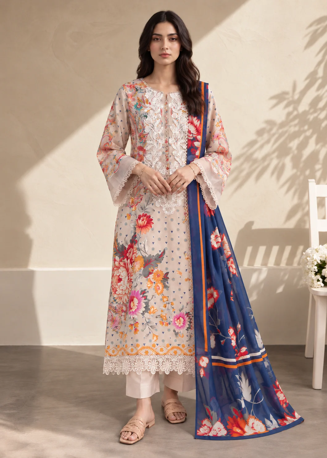 lawn Kurta Set in Beige