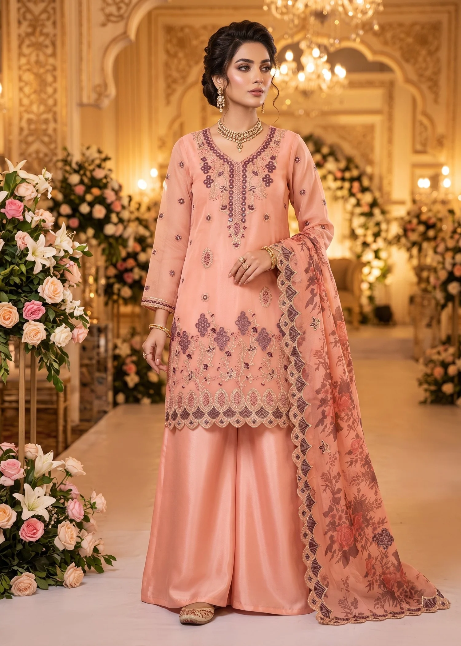 organza Unstitched in Peach pink