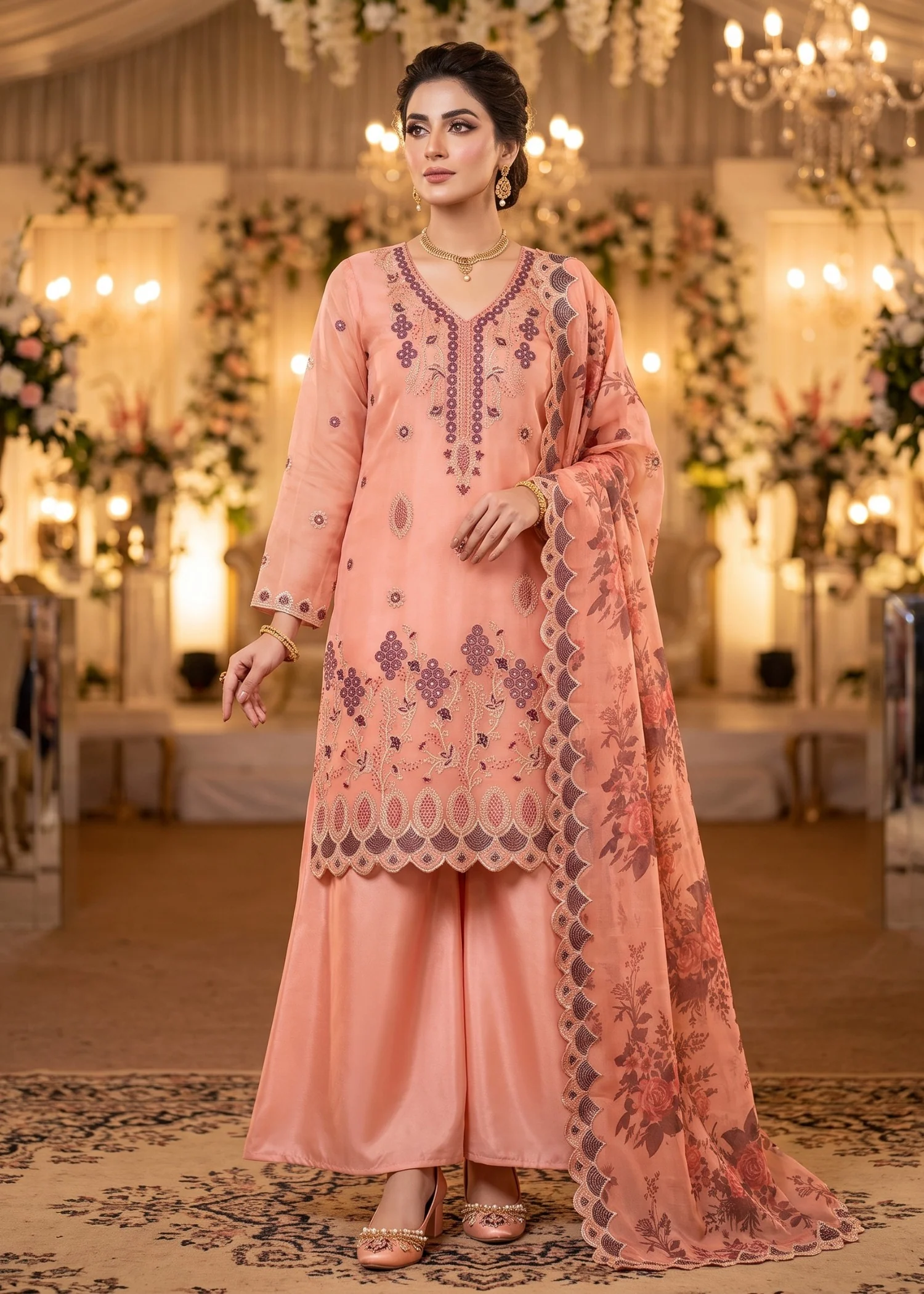 organza Unstitched in Peach pink - view 2