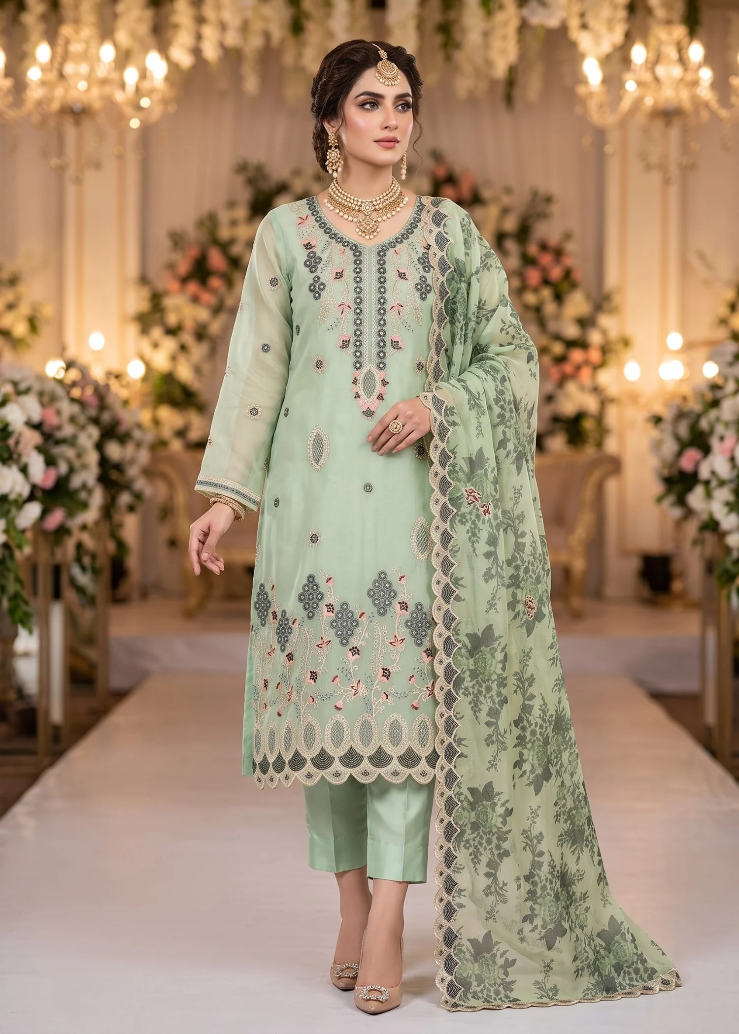 organza Unstitched in Mint green