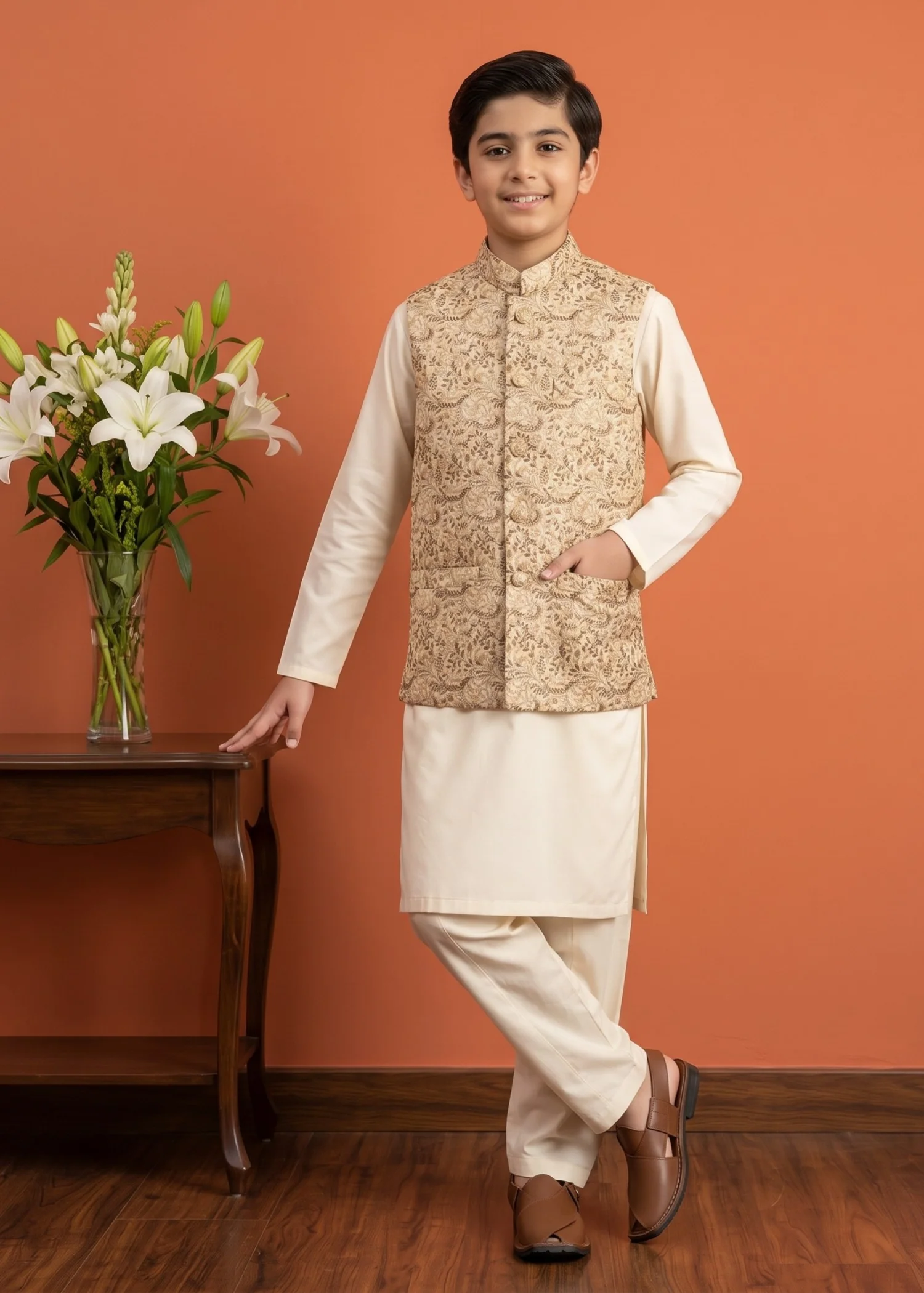 traditional jamawar Waistcoat in Gold