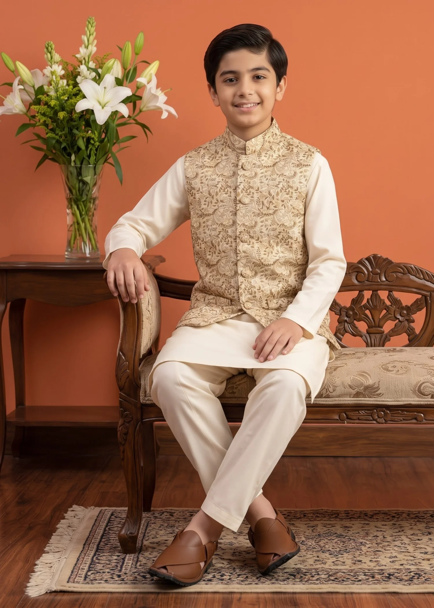 traditional jamawar Waistcoat in Gold - view 5