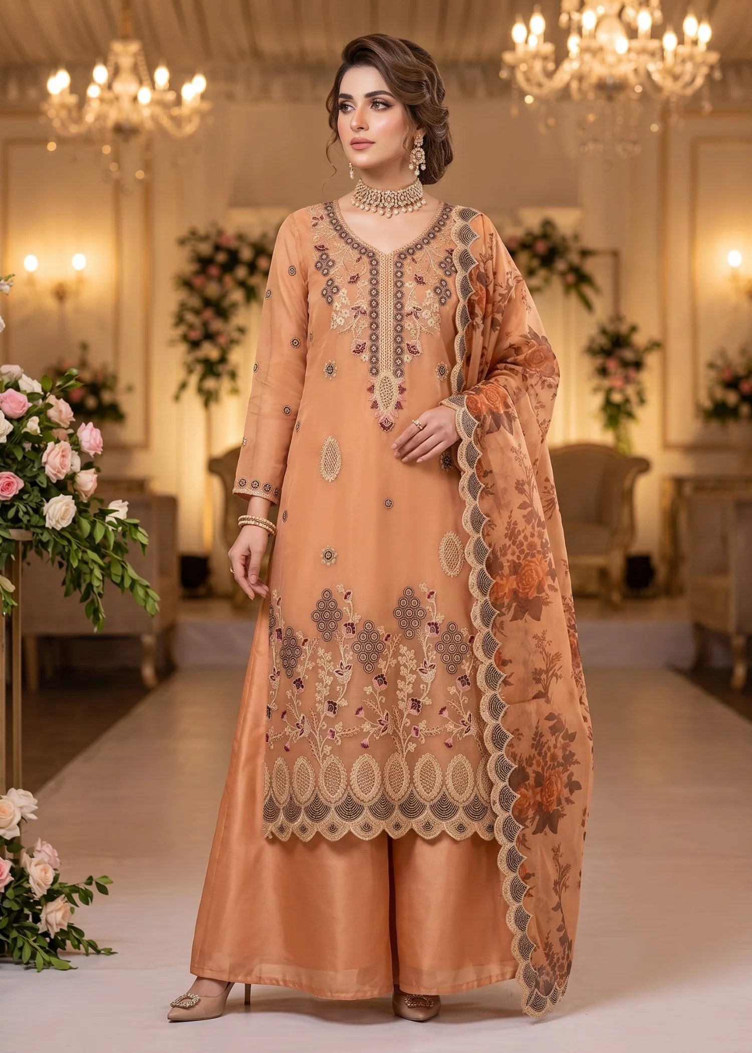 organza Unstitched in Rust orange