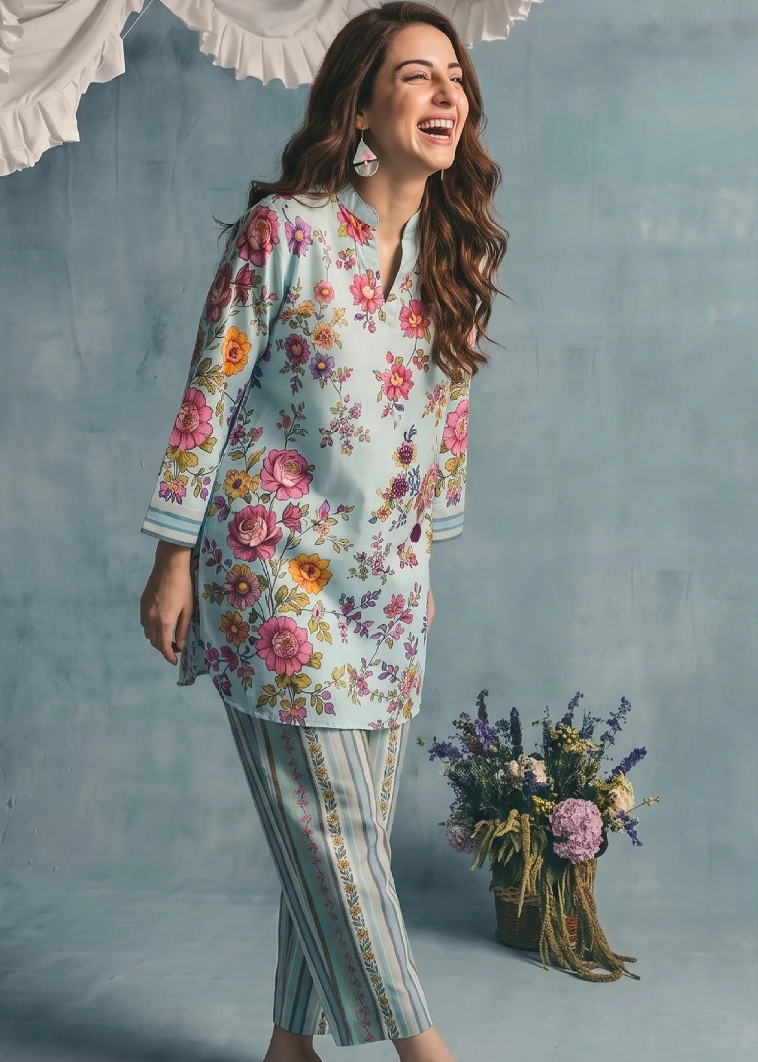 slub lawn Kurta Set in Blue