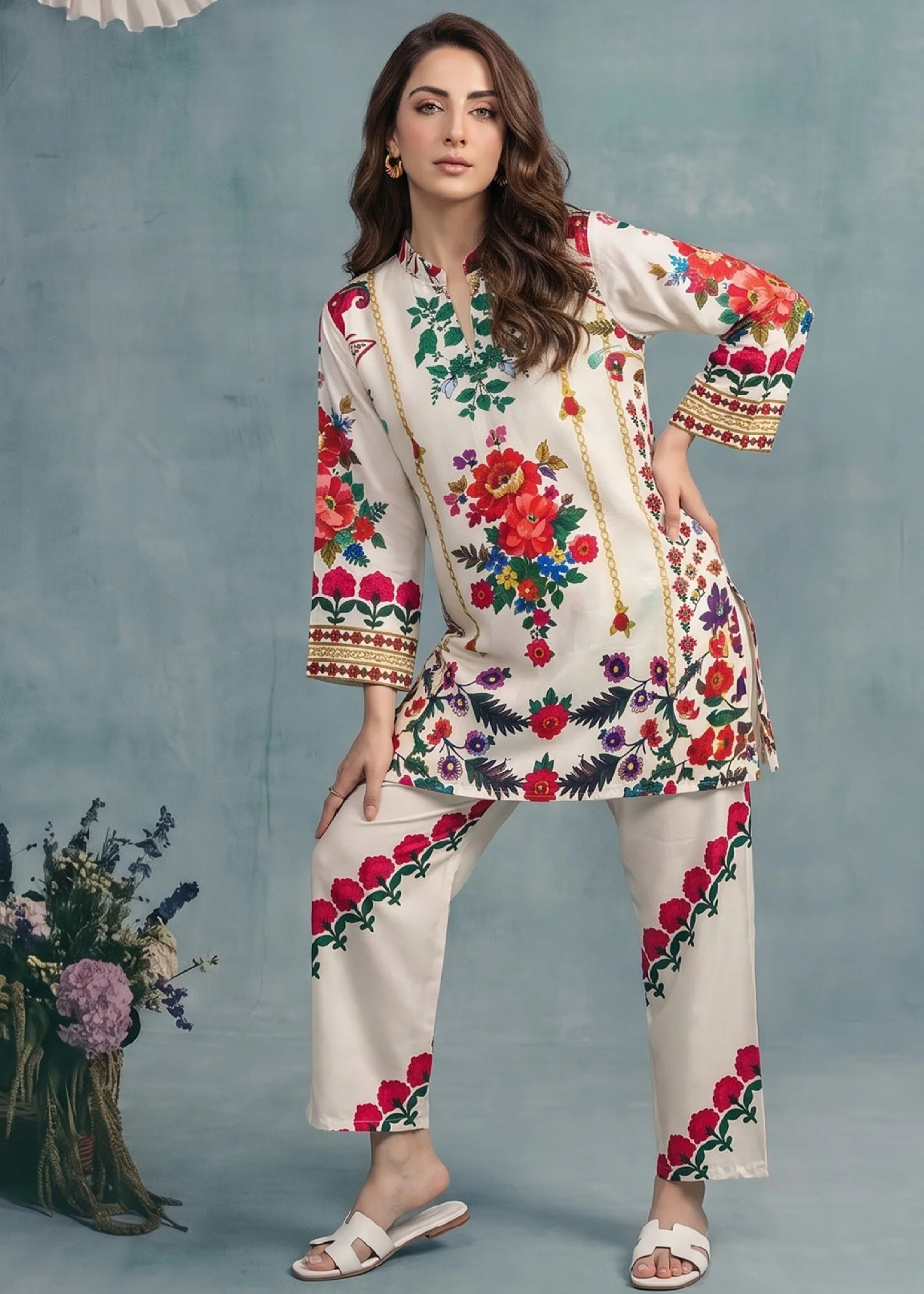 slub lawn Kurta Set in Cream