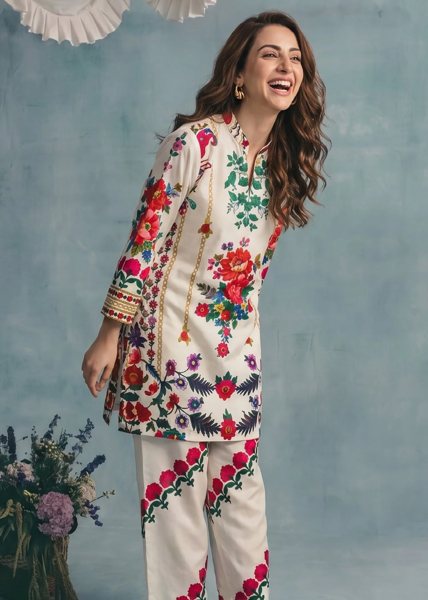 slub lawn Kurta Set in Cream - view 2