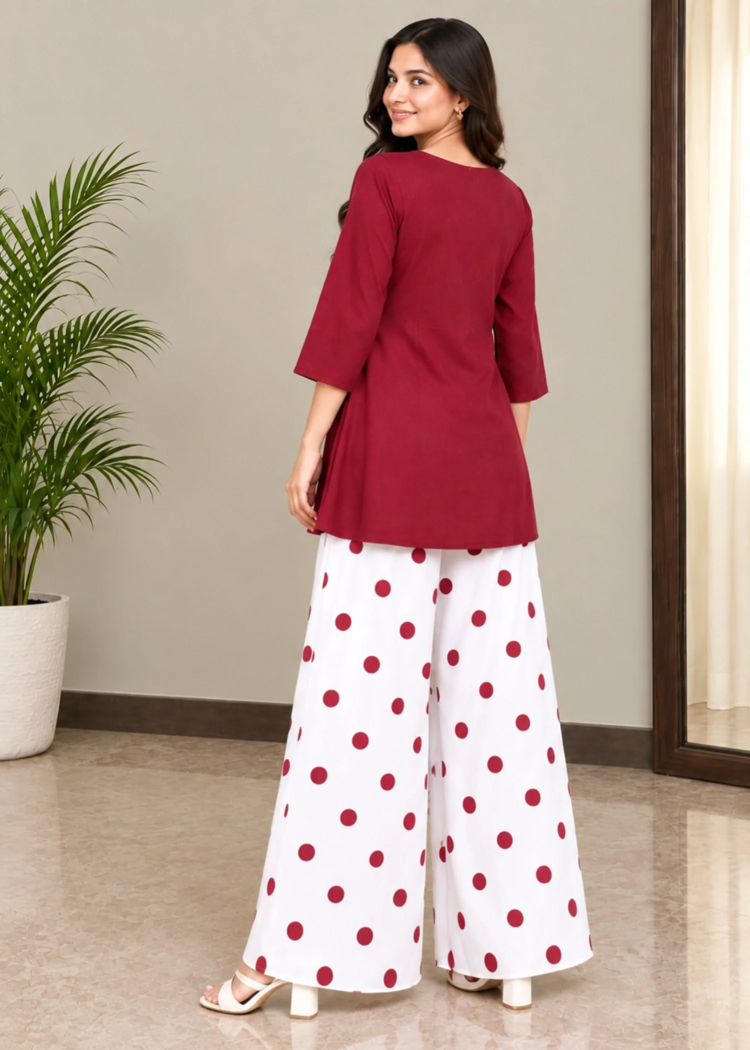 silk grip Short Frock in Maroon, white - view 2