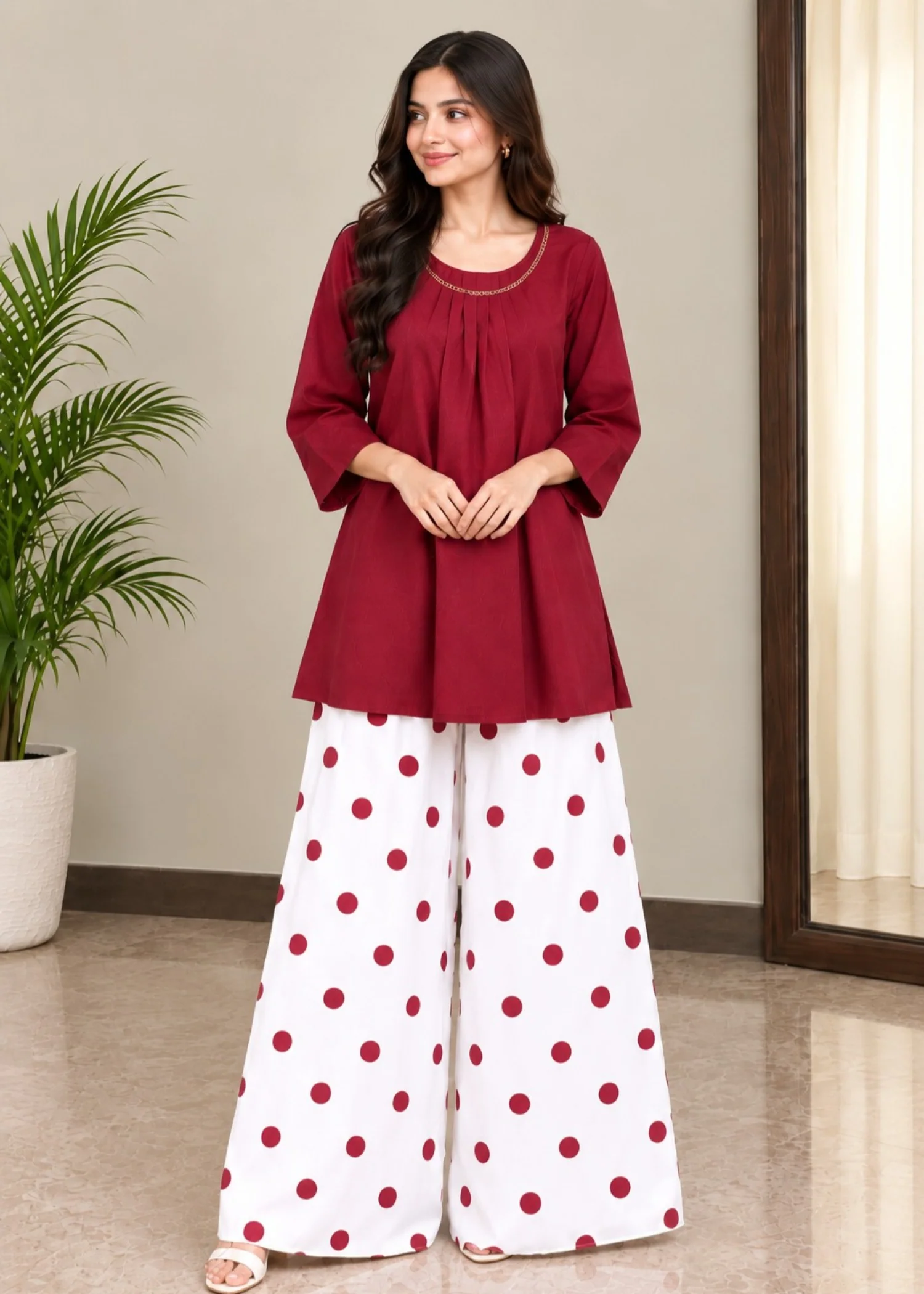silk grip Short Frock in Maroon, white