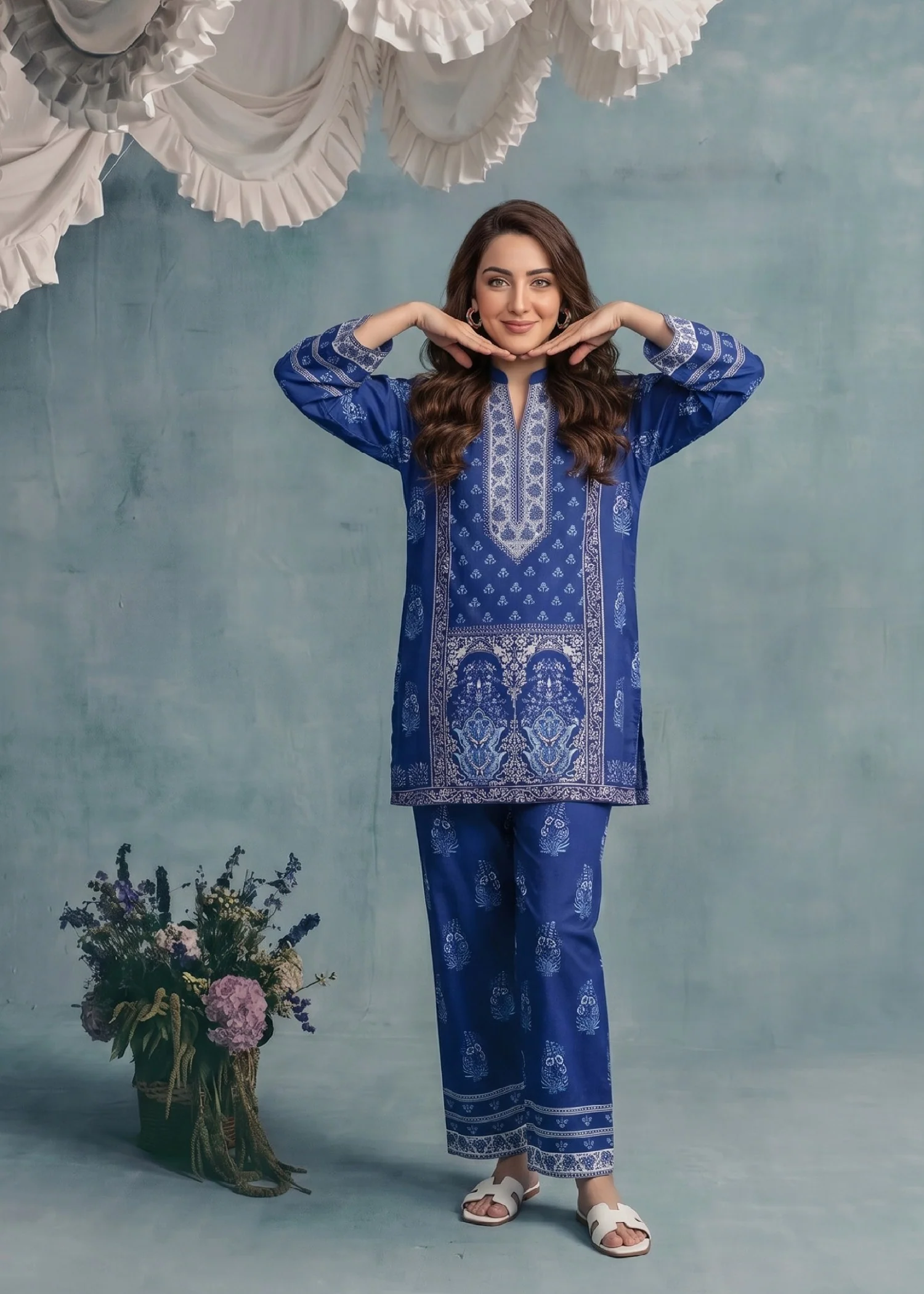 slub lawn Kurta Set in Blue