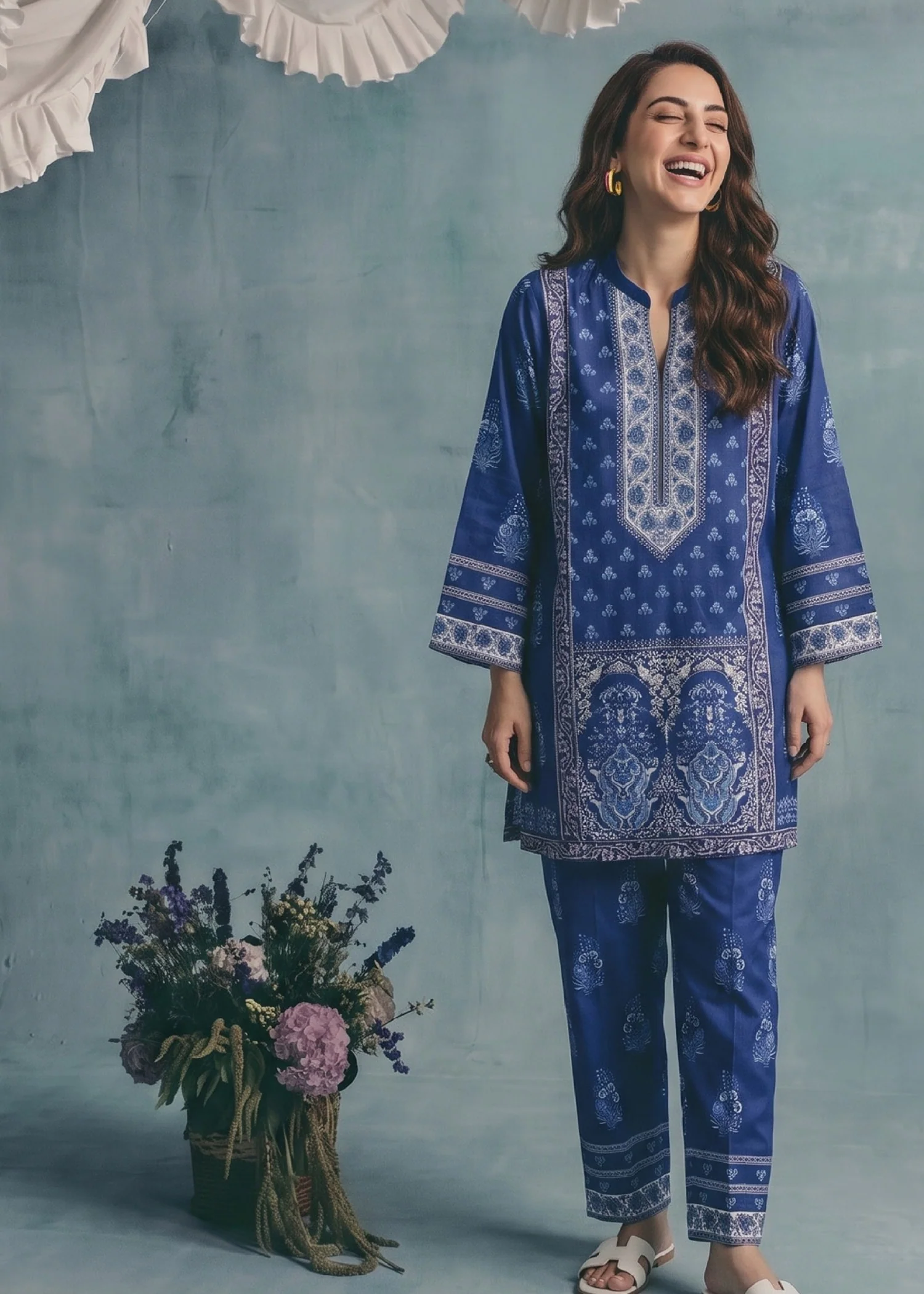 slub lawn Kurta Set in Blue - view 2