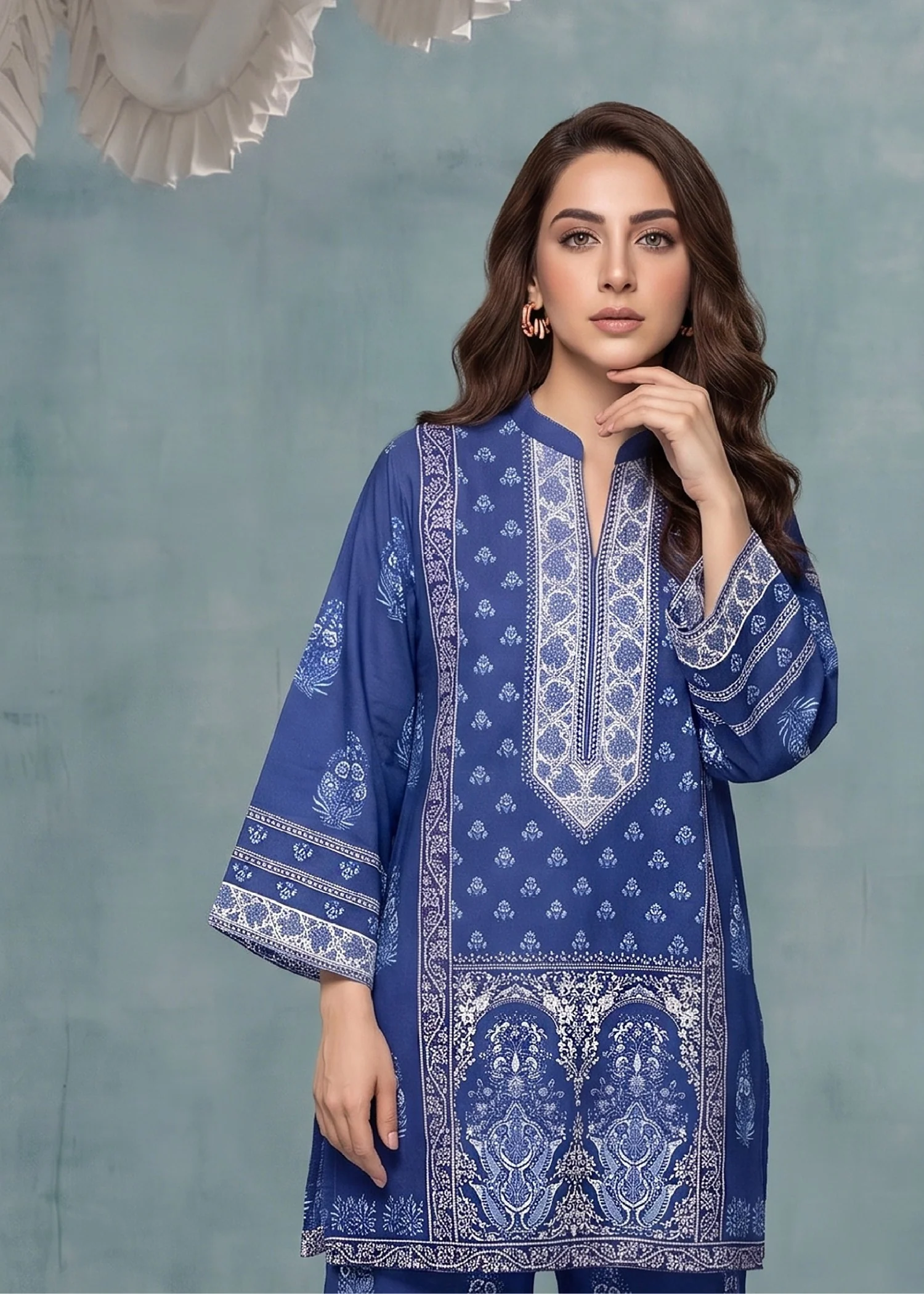 slub lawn Kurta Set in Blue - view 3