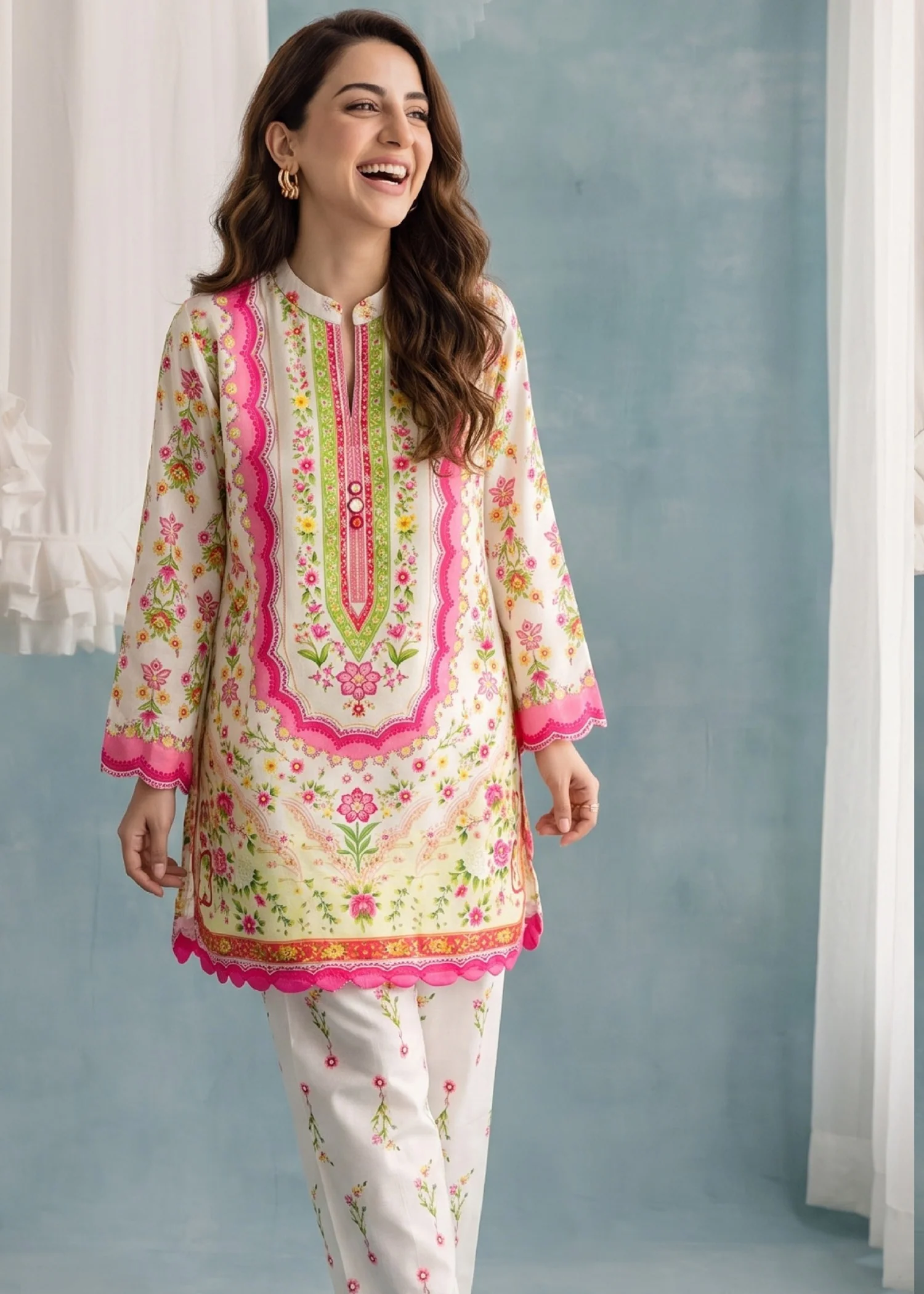 slub lawn Kurta Set in White