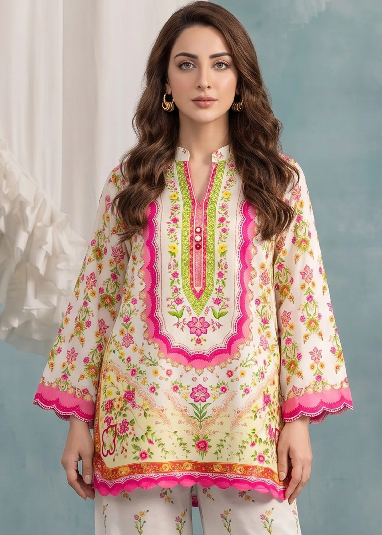 slub lawn Kurta Set in White - view 3