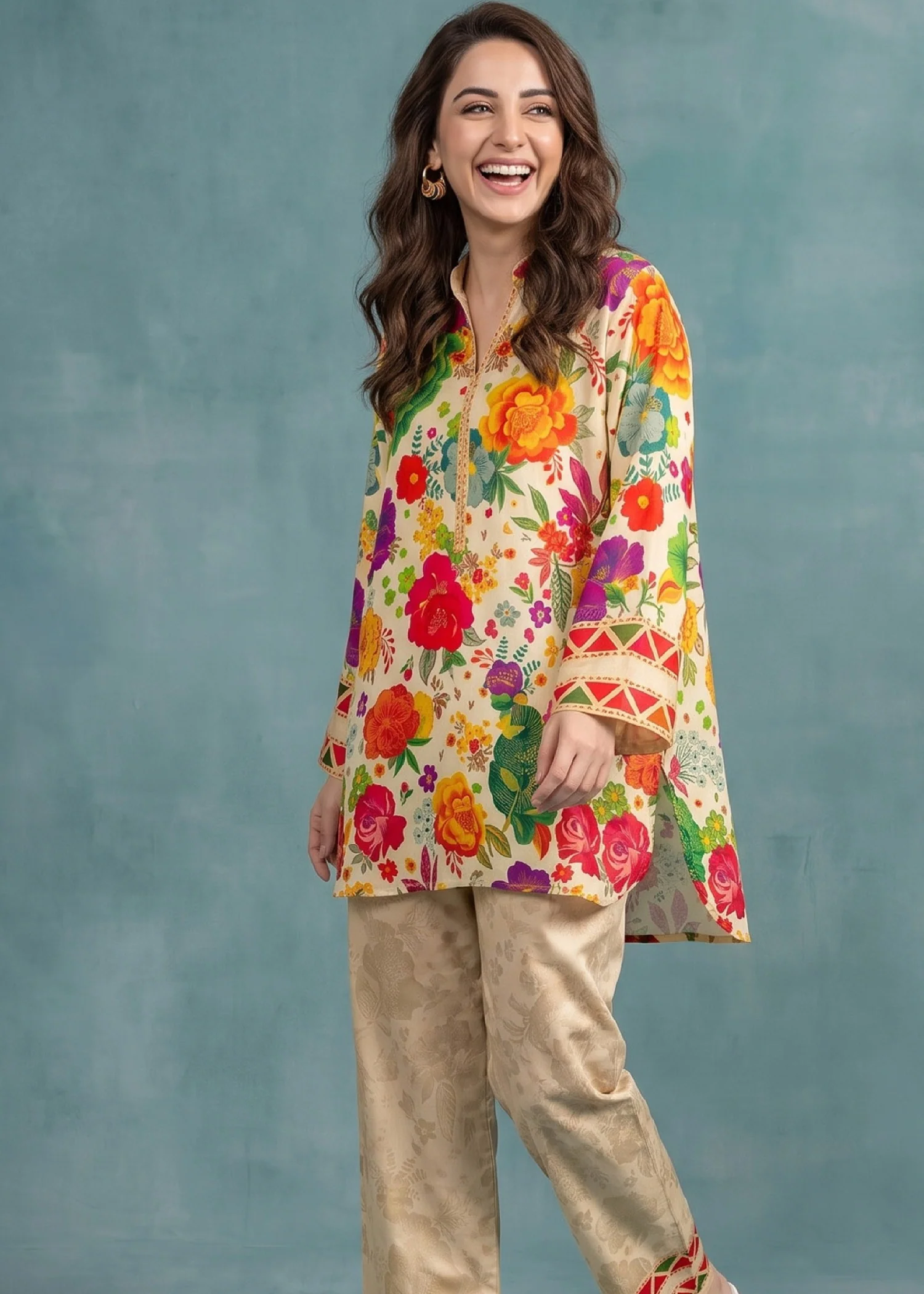 slub lawn Kurta Set in Cream - view 3