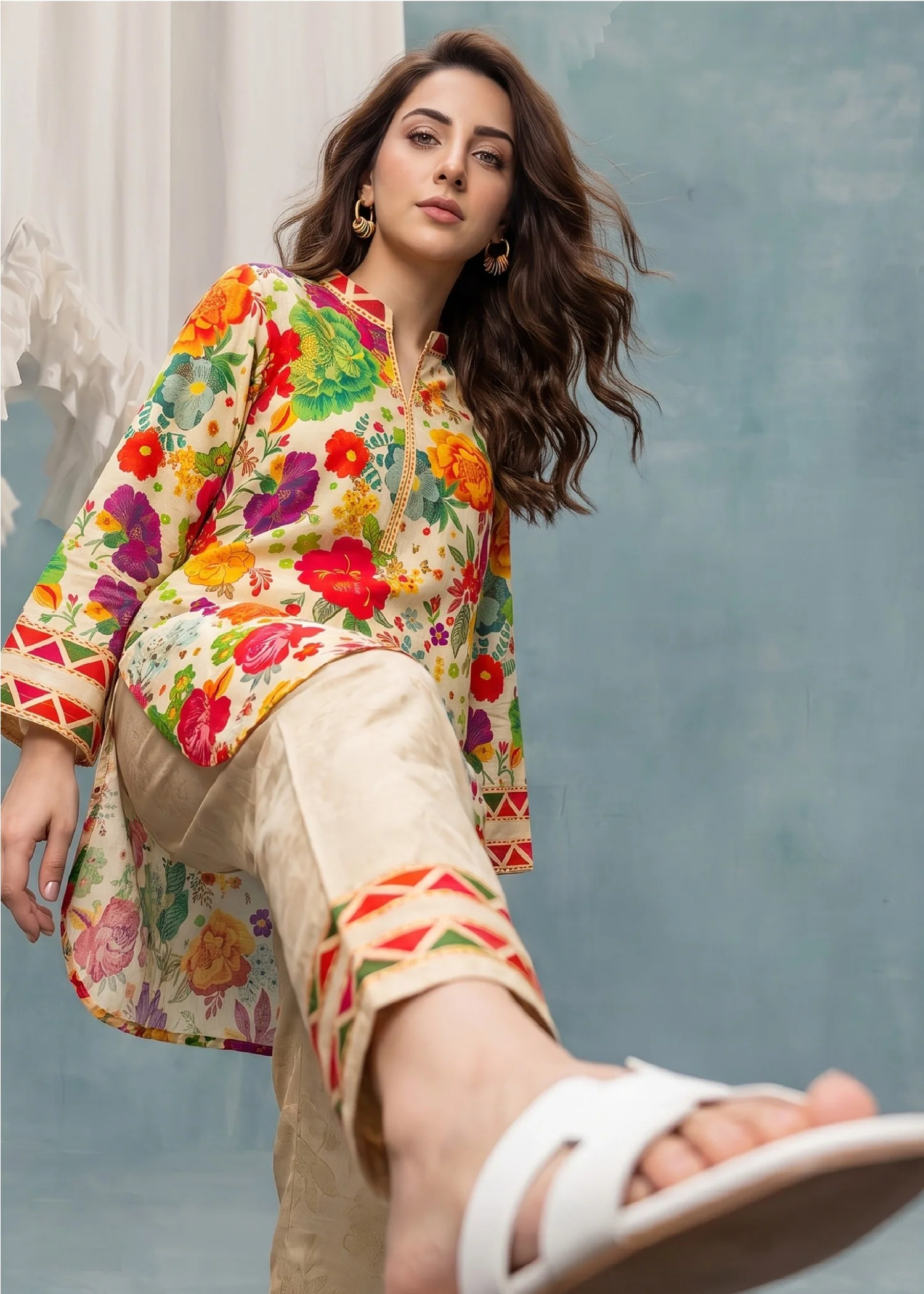 slub lawn Kurta Set in Cream