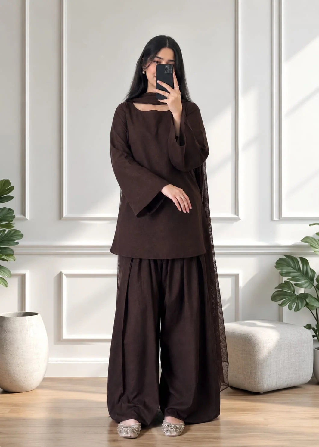 linen Kurta Set in Chocolate brown - view 3