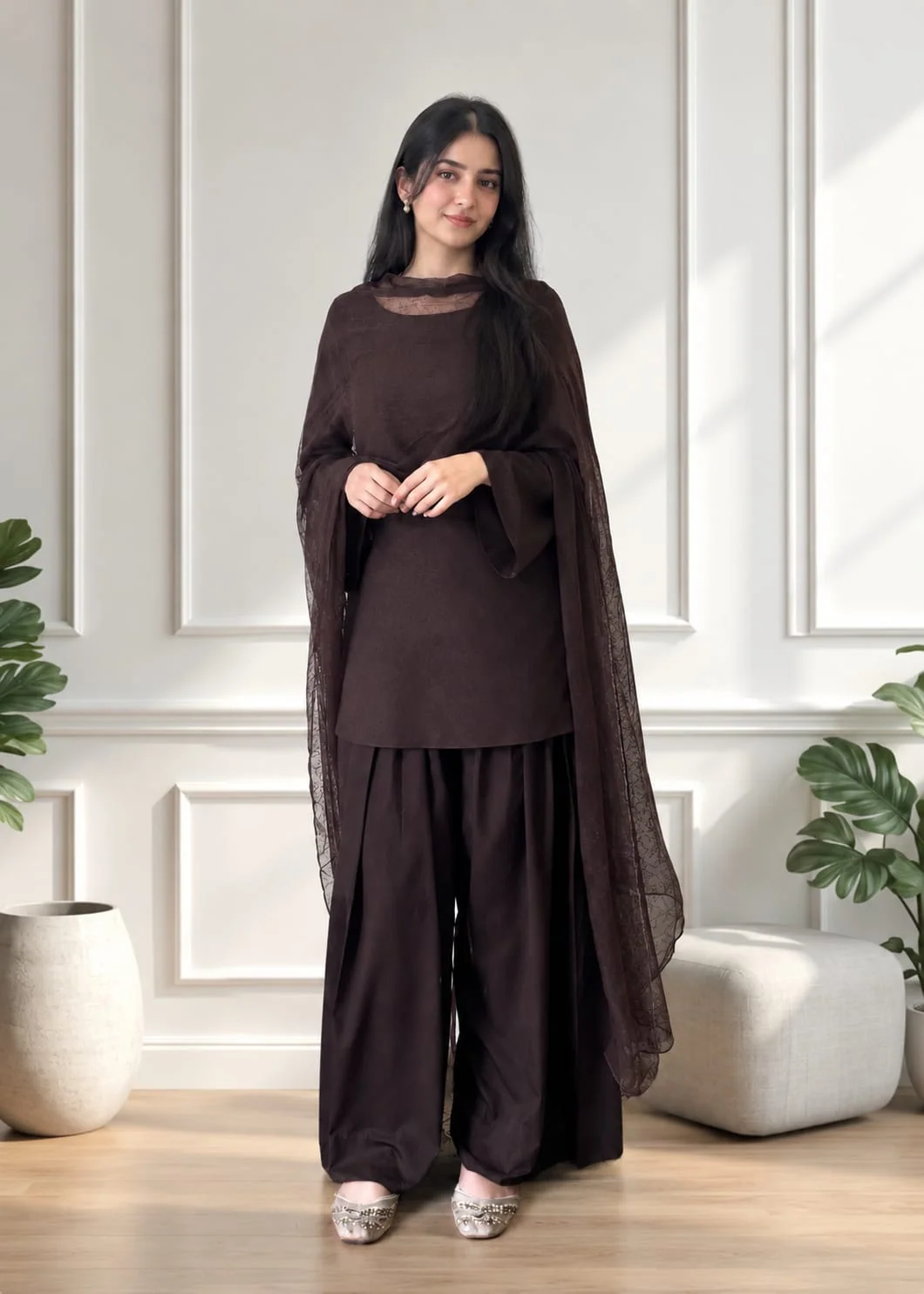 linen Kurta Set in Chocolate brown