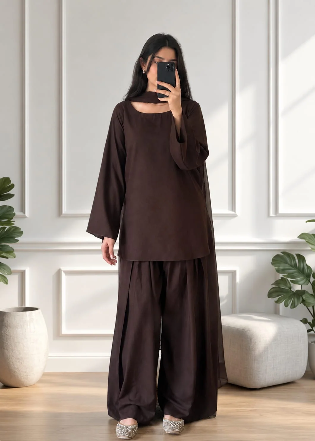 linen Kurta Set in Chocolate brown - view 2