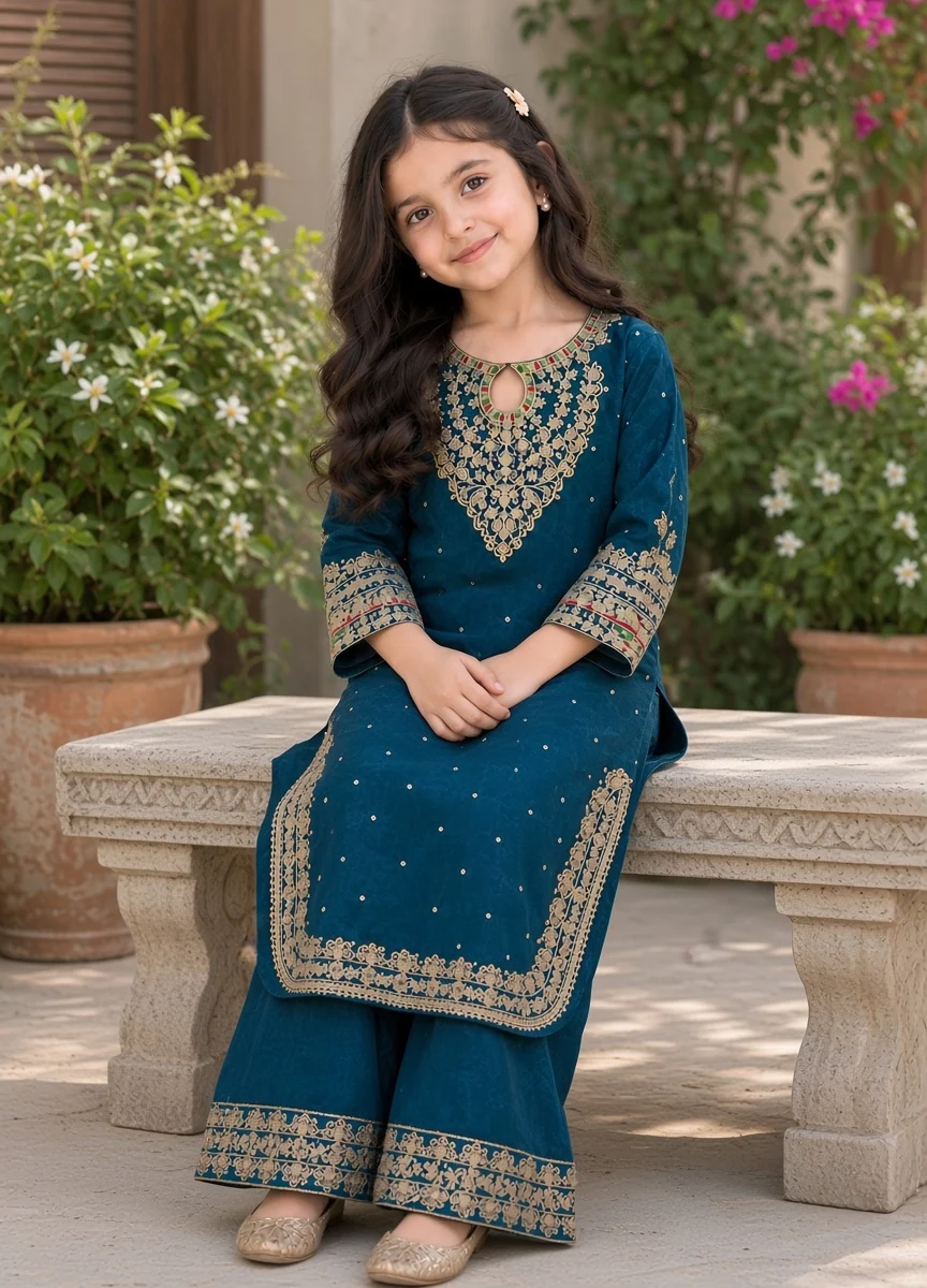 silk Kurta Set in Teal - view 3