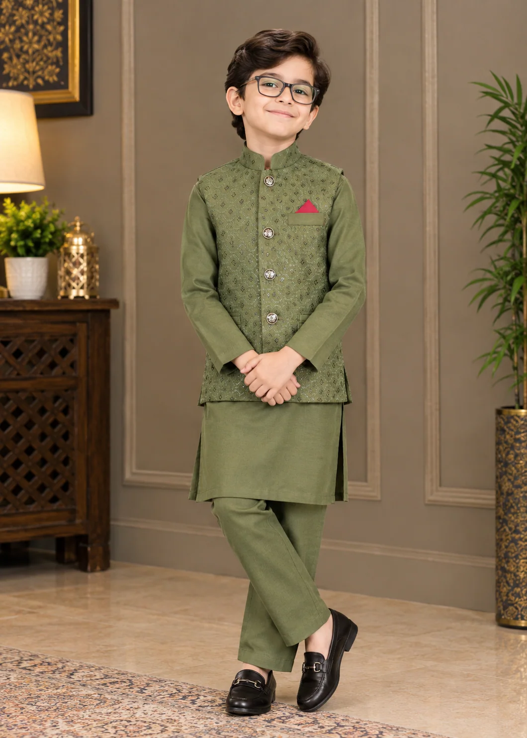 wash & wear Waistcoat in Olive green